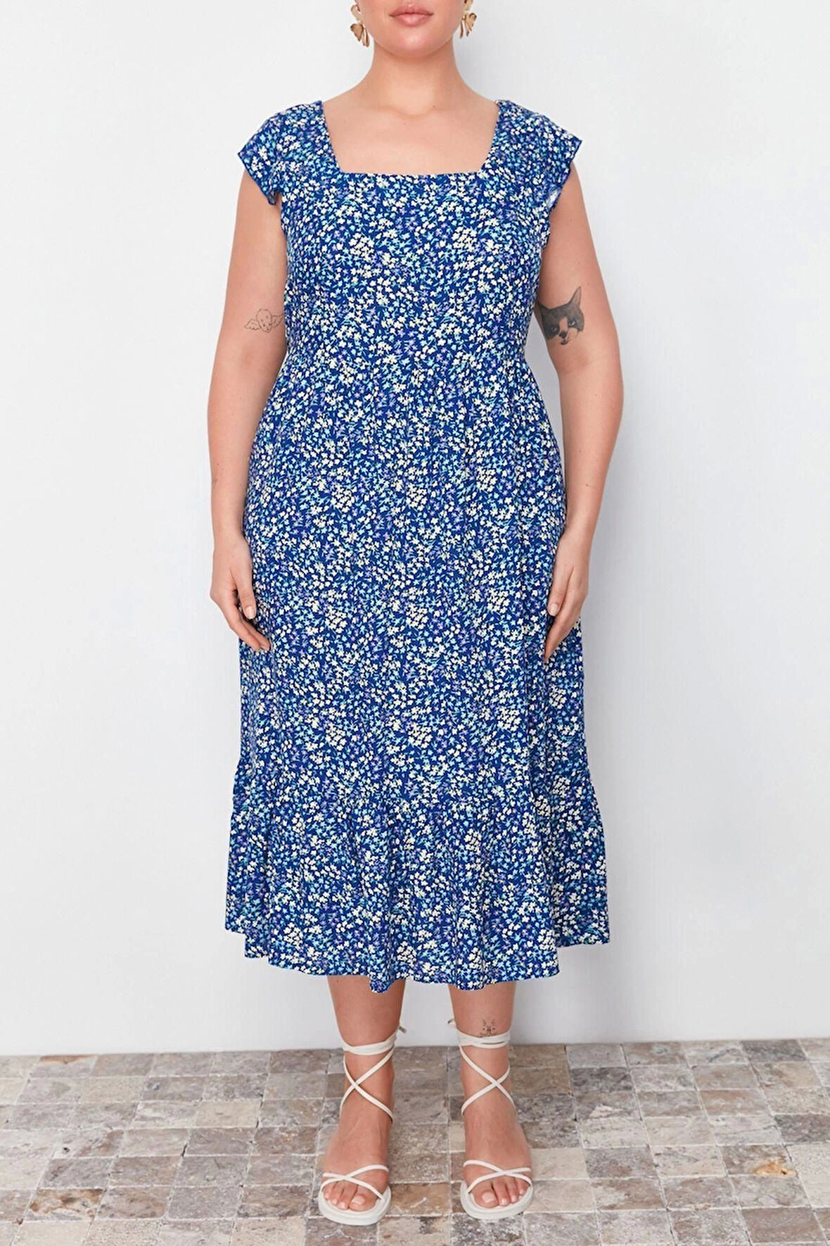 Moda Fit Casual Günlük Shally Dokuma Kare Yaka Askısız Kol A-Line Midi Boy Büyük Beden Elbise