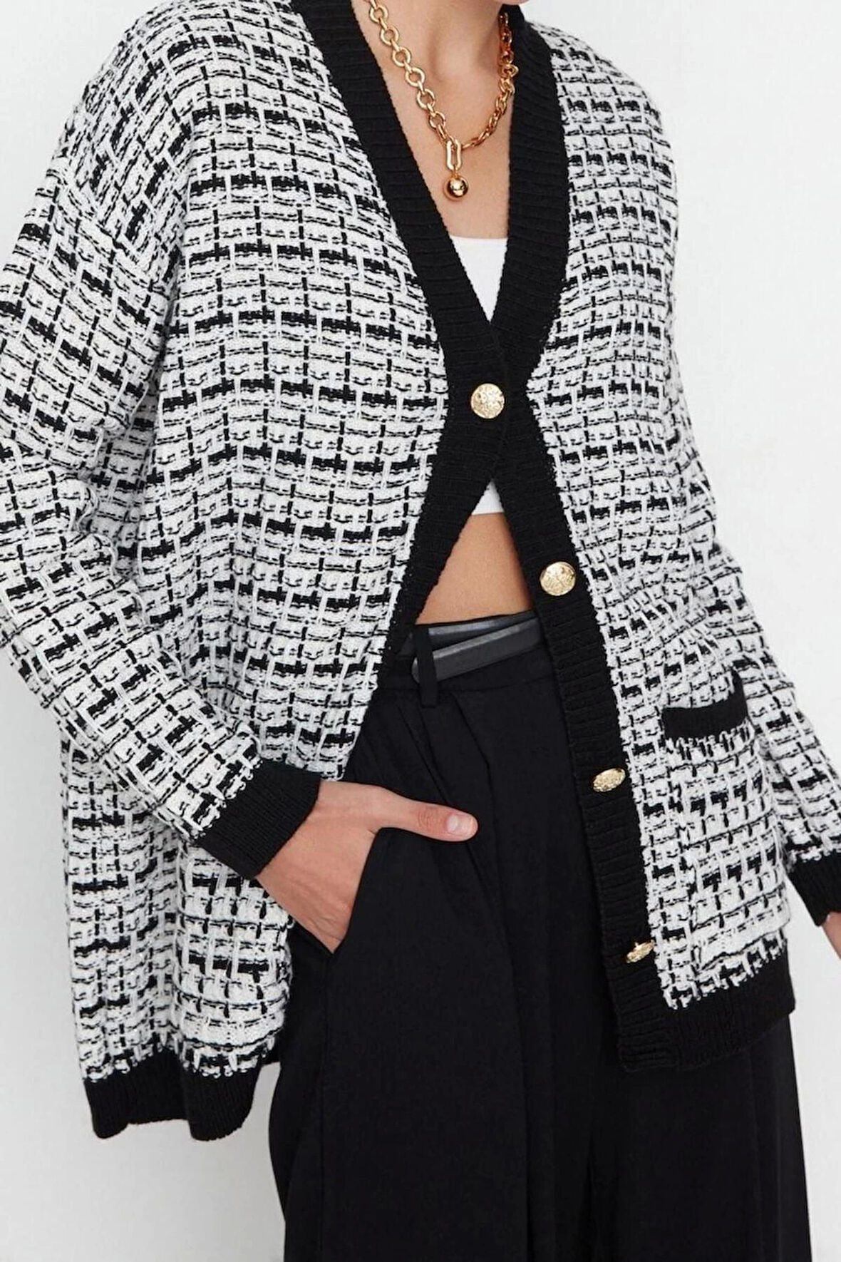 Kadın Modern Tarz Rahat Uzun V Yaka Dokulu Kol Midi Triko Hırka