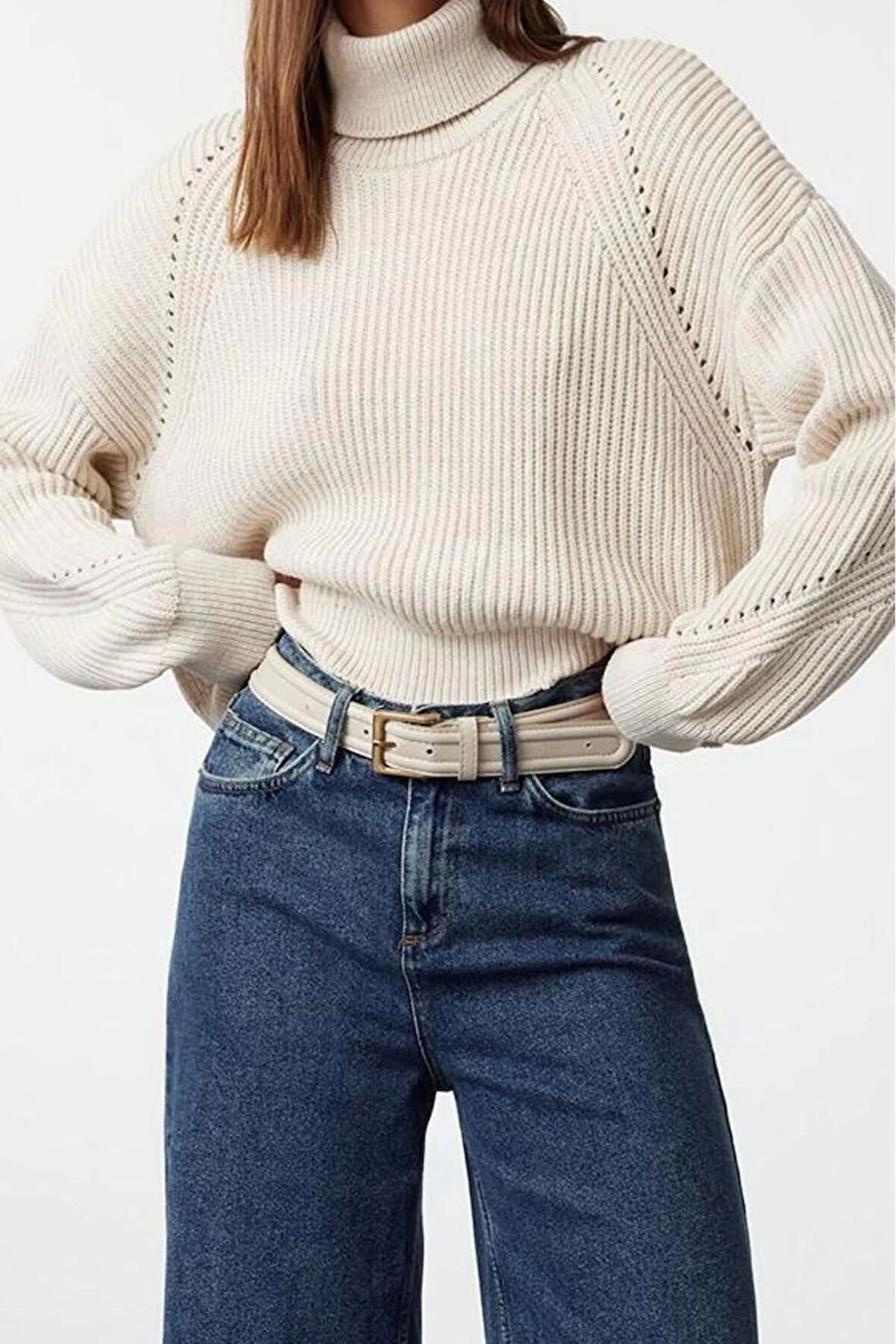 Stil Modern Kadın Crop Reglan Kol Balıkçı Yaka Triko Kazak
