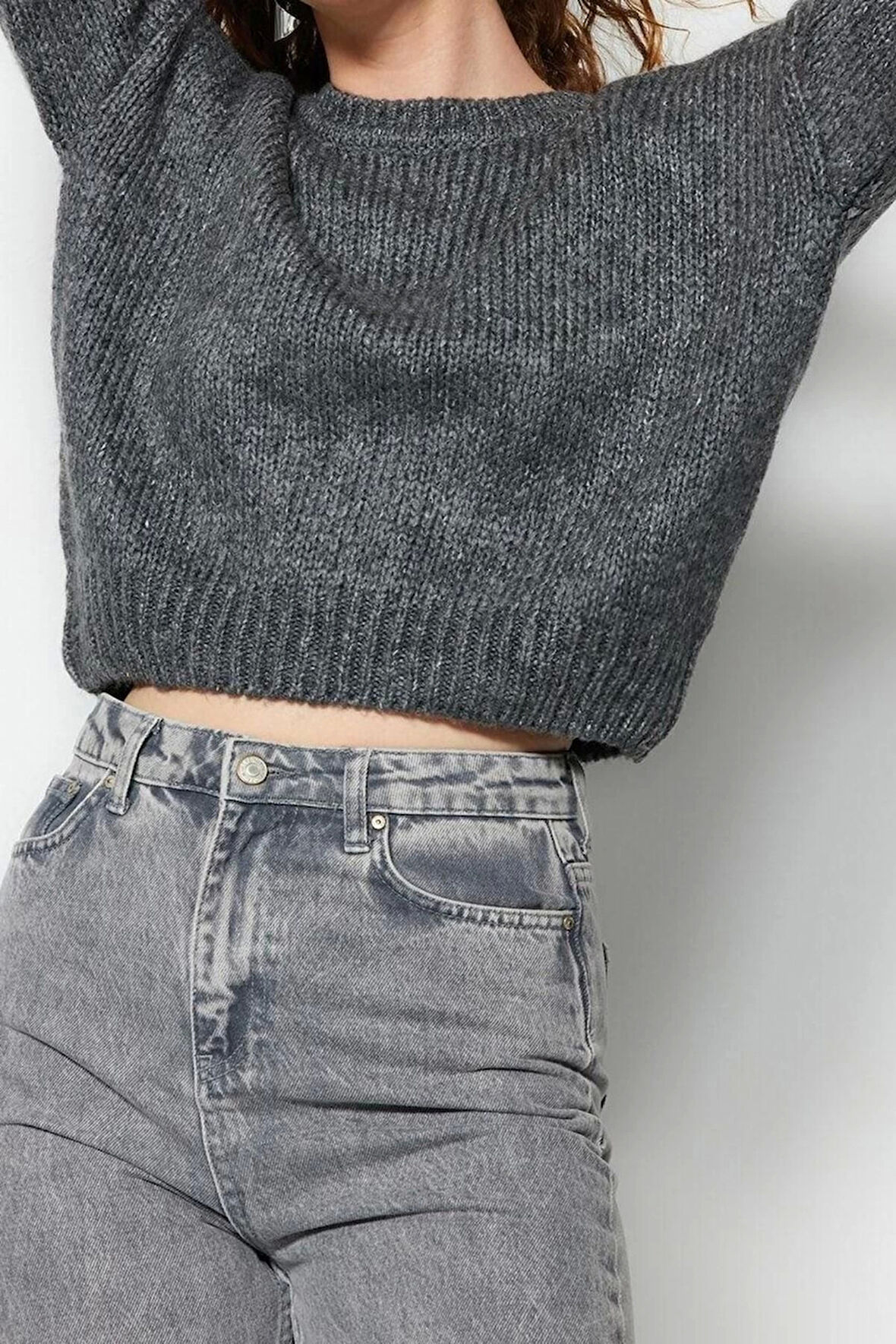 Kadın Modern Tarz Rahat Uzun Bisiklet Yaka Düz Kol Regular Triko Kazak