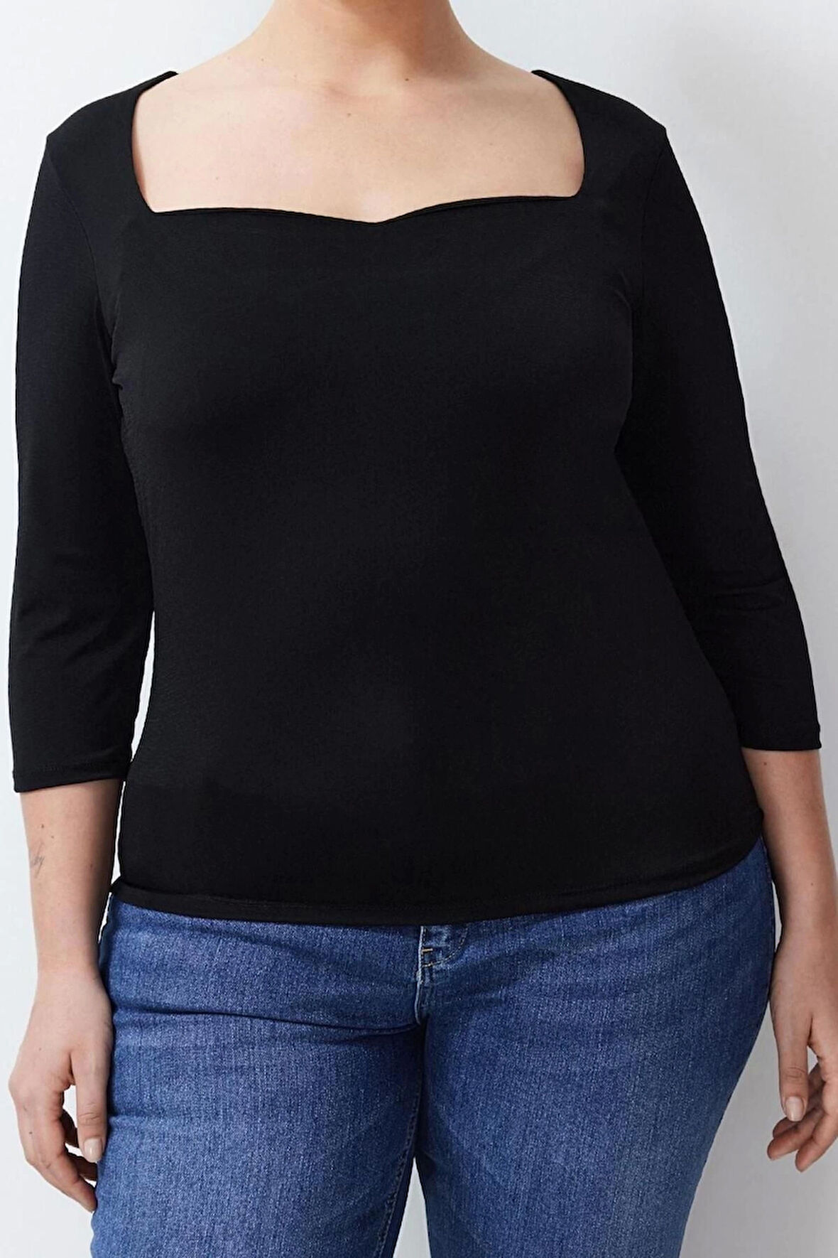 Moda Büyük Beden Kalp Yaka Örme Fit Düz Desen Casual Günlük Regular Uzun Kol Bluz