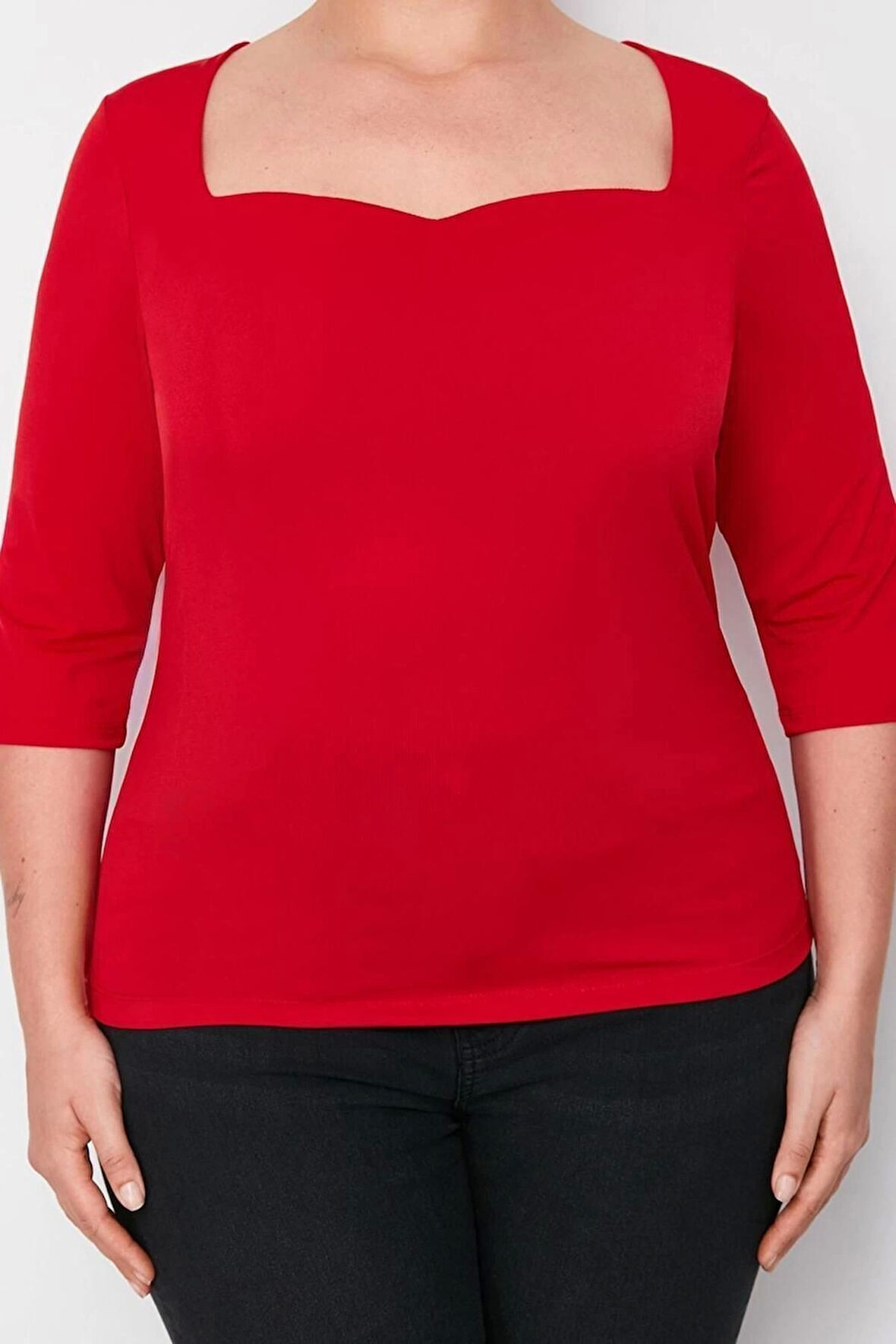 Moda Büyük Beden Kalp Yaka Örme Fit Düz Desen Casual Günlük Regular Uzun Kol Bluz