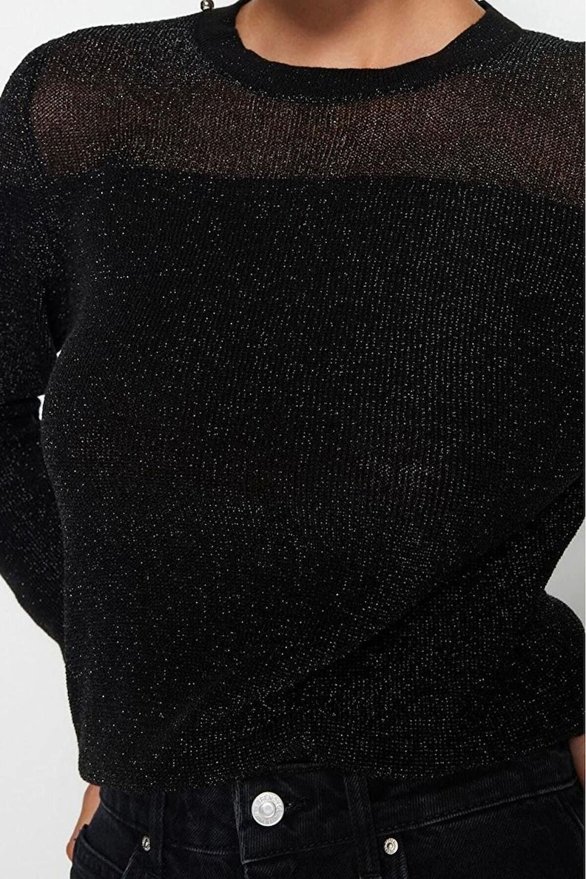 Kadın Modern Tarz Rahat Uzun Bisiklet Yaka Renk Bloklu Kol Regular Triko Kazak