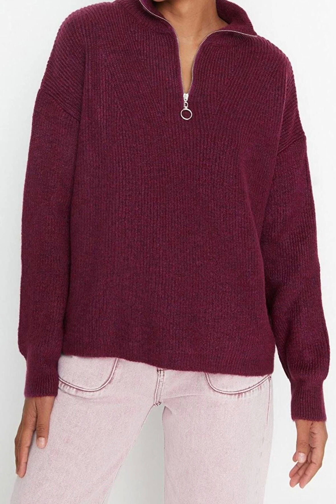 Kadın Modern Tarz Rahat Uzun Dik Yaka Düz Kol Regular Triko Kazak