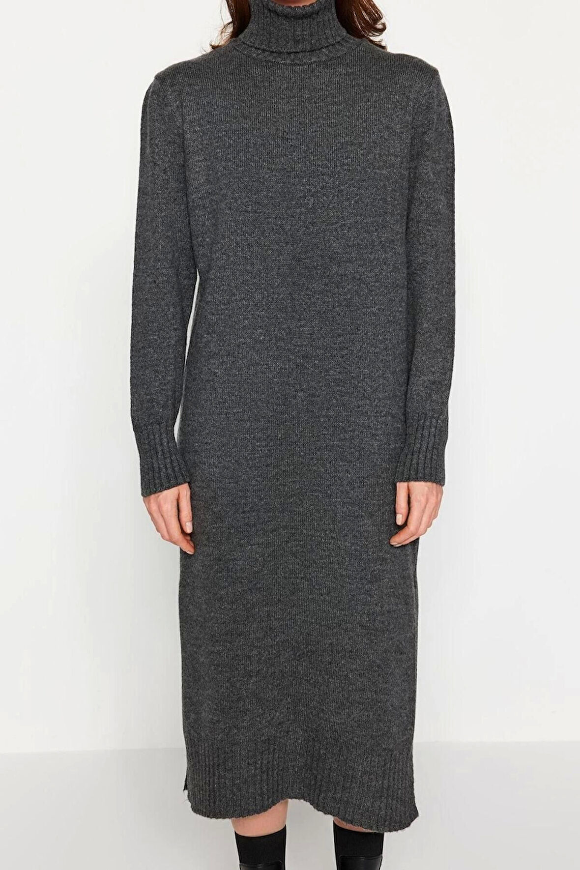 Moda Oversize Casual Günlük Dolu İğne Triko Balıkçı Yaka Uzun Kol Shift Midi Boy Elbise