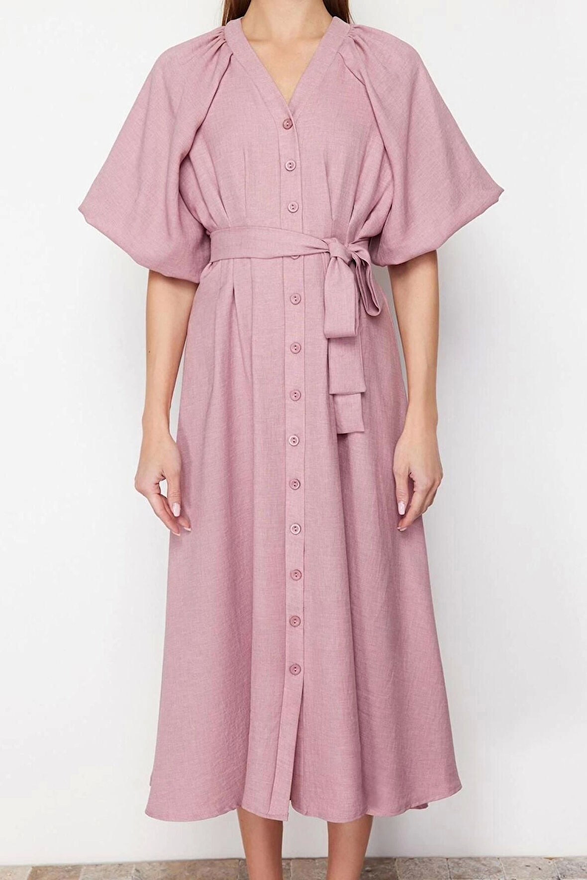 Moda Regular Günlük Keten Görünümlü Dokuma V Yaka Truvakar Kol Kol A-Line Maxi Boy Tesettür Elbise