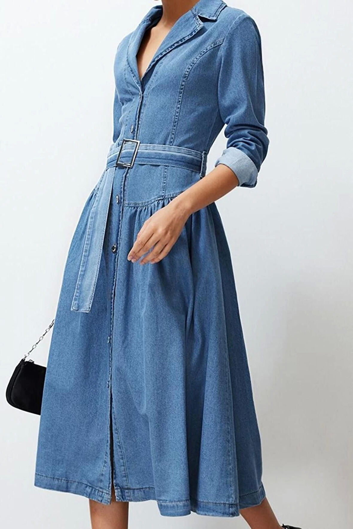 Moda Stil Oversize Gömlek Yaka Maxi Boy Kemerli Denim Elbise