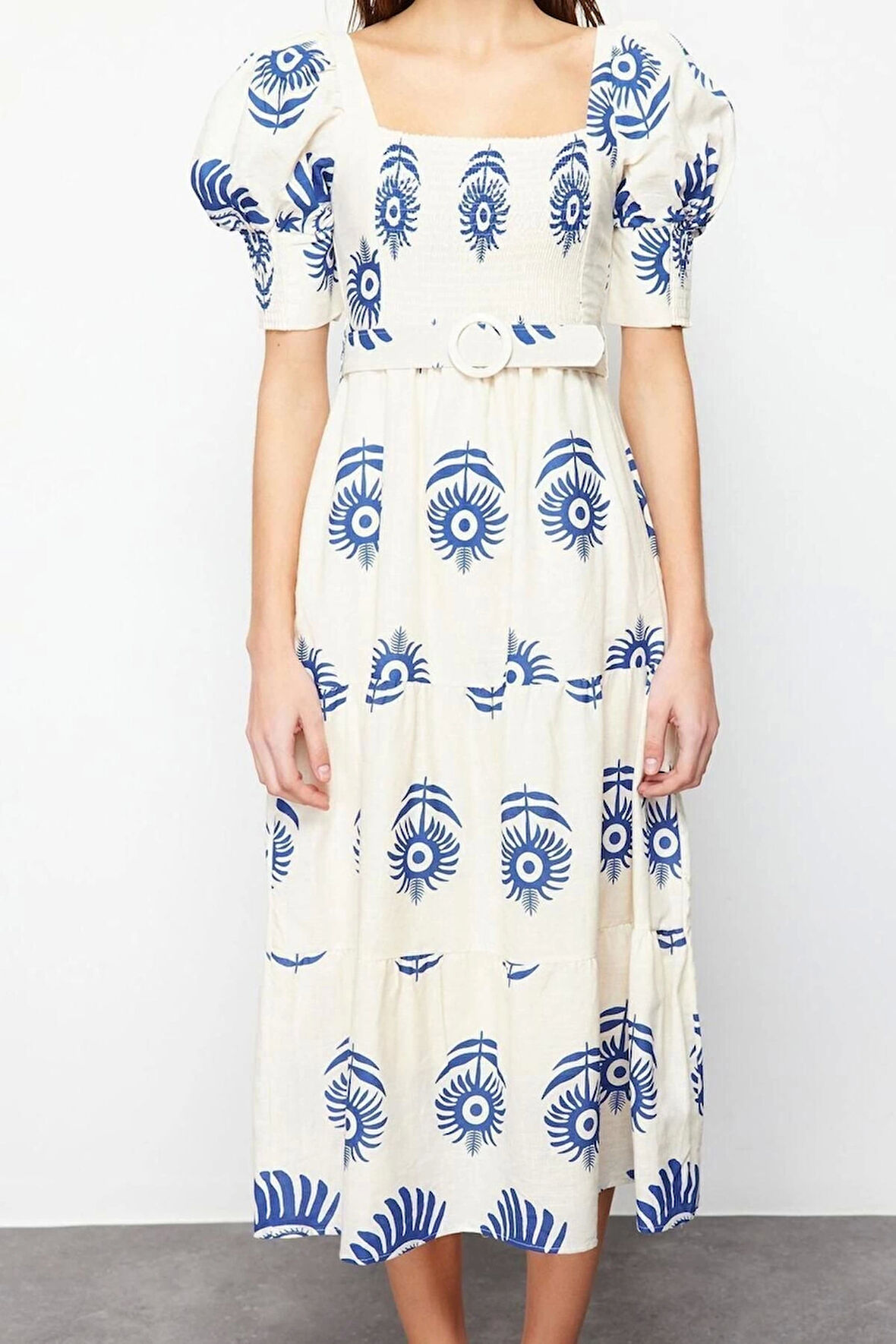 Moda Regular Casual Günlük Keten Karışımlı Dokuma Kare Yaka Kısa Kol Skater Midi Boy Elbise