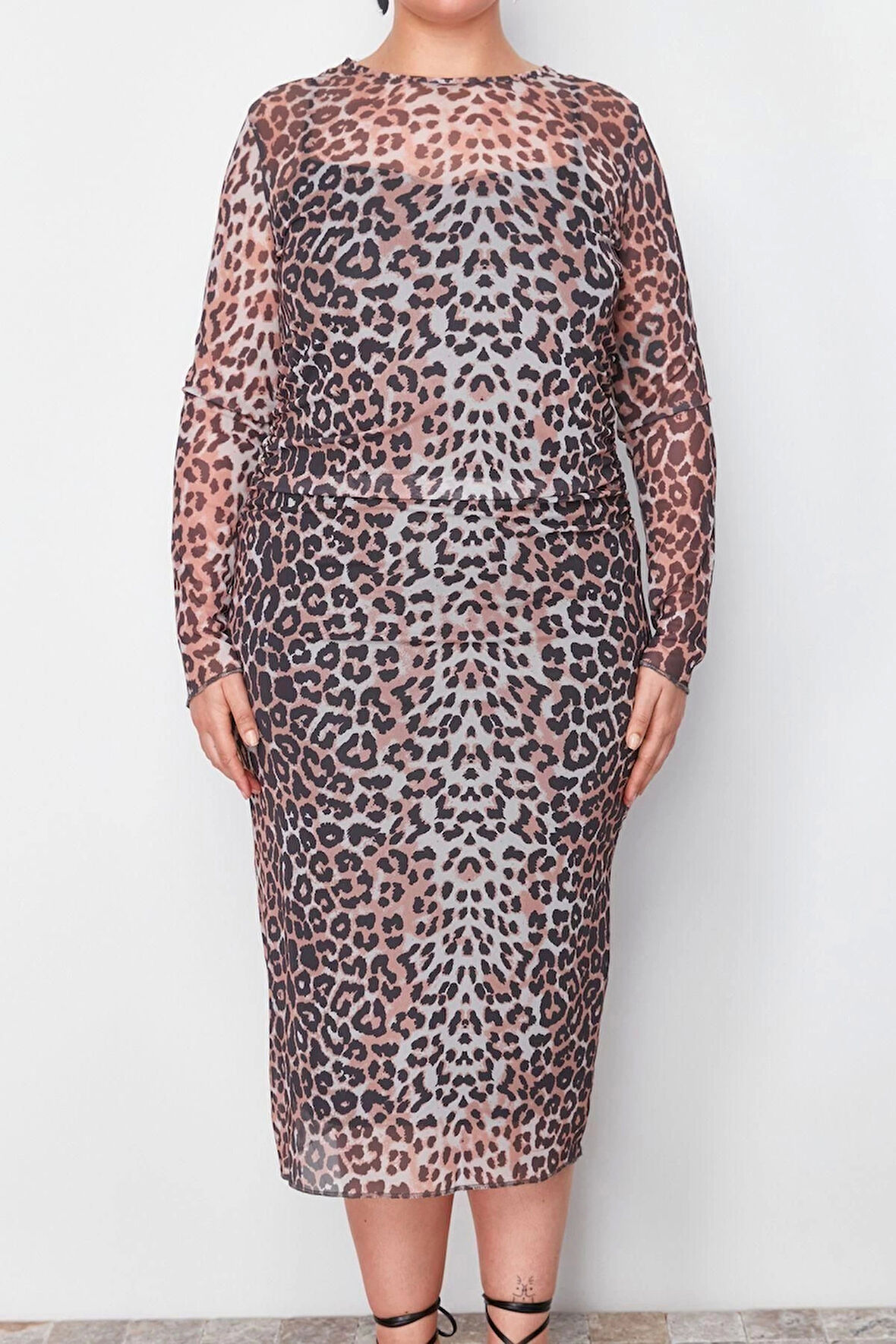 Moda Fit Casual Günlük Tül Örme Bisiklet Yaka Uzun Kol Bodycone Midi Boy Büyük Beden Elbise