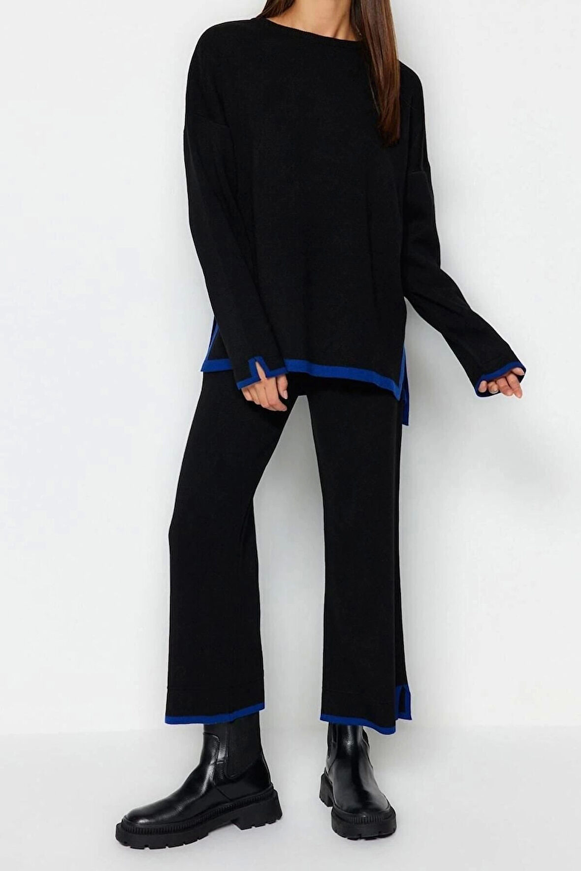 Moda Renk Bloklu Bisiklet Yaka Düşük Kol Günlük Geniş Kalıp Kontrast Renkli Triko Alt-Üst Takım