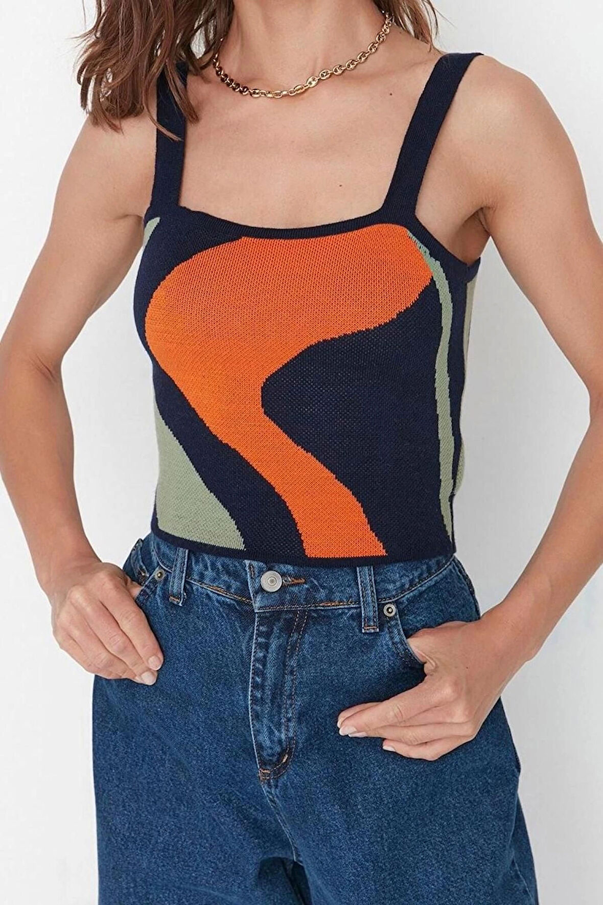 Kadın Modern Tarz Rahat Uzun Bisiklet Yaka Renk Bloklu Kol Regular Triko Takım