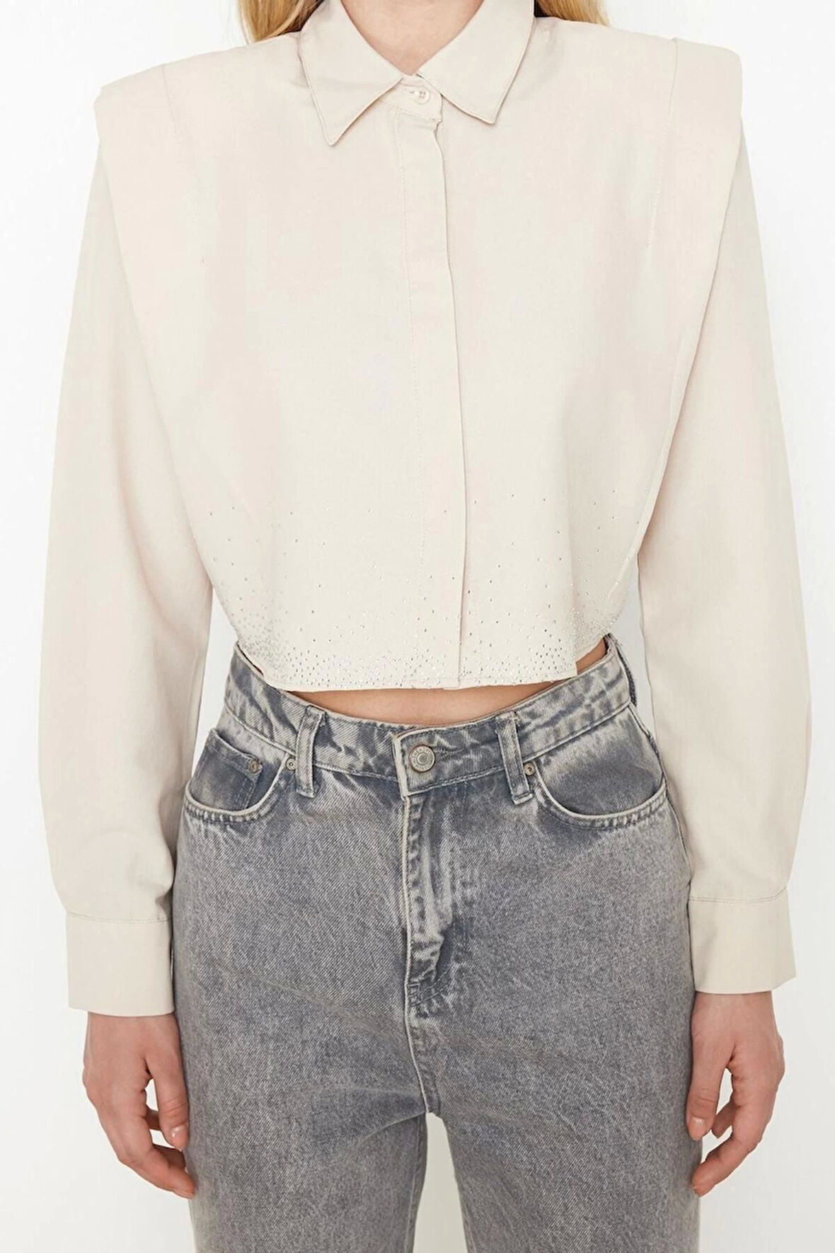 Moda Kadın Gömlek Yaka Düz Desen Günlük Kolları Vatkalı Taşlı Crop Dokuma Gömlek