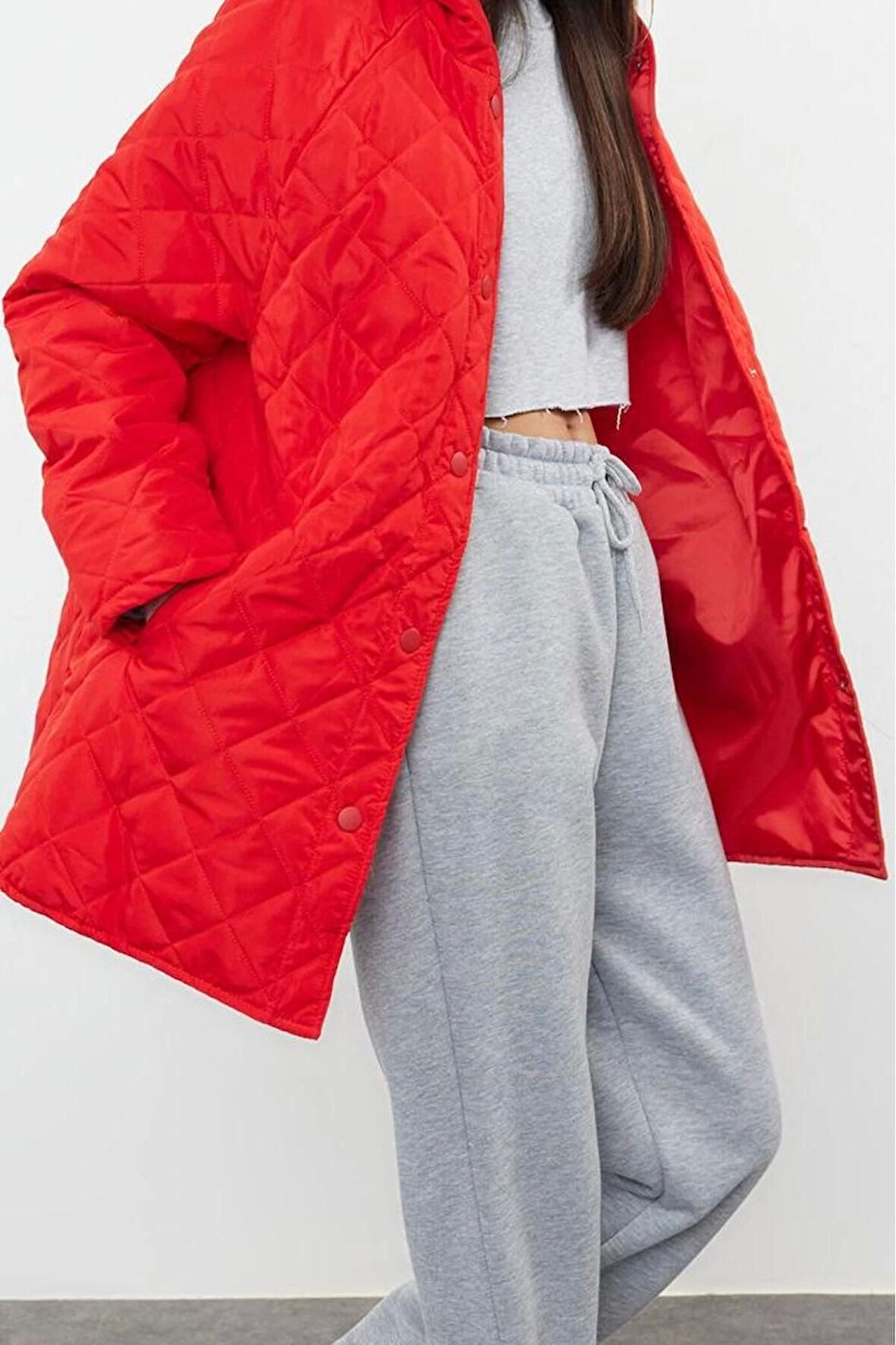 Tasarım Düz Astarlı Yaka Midi Regular Kapüşonlu Kadın Kapüşonlu Su İtici Kapitone Mont