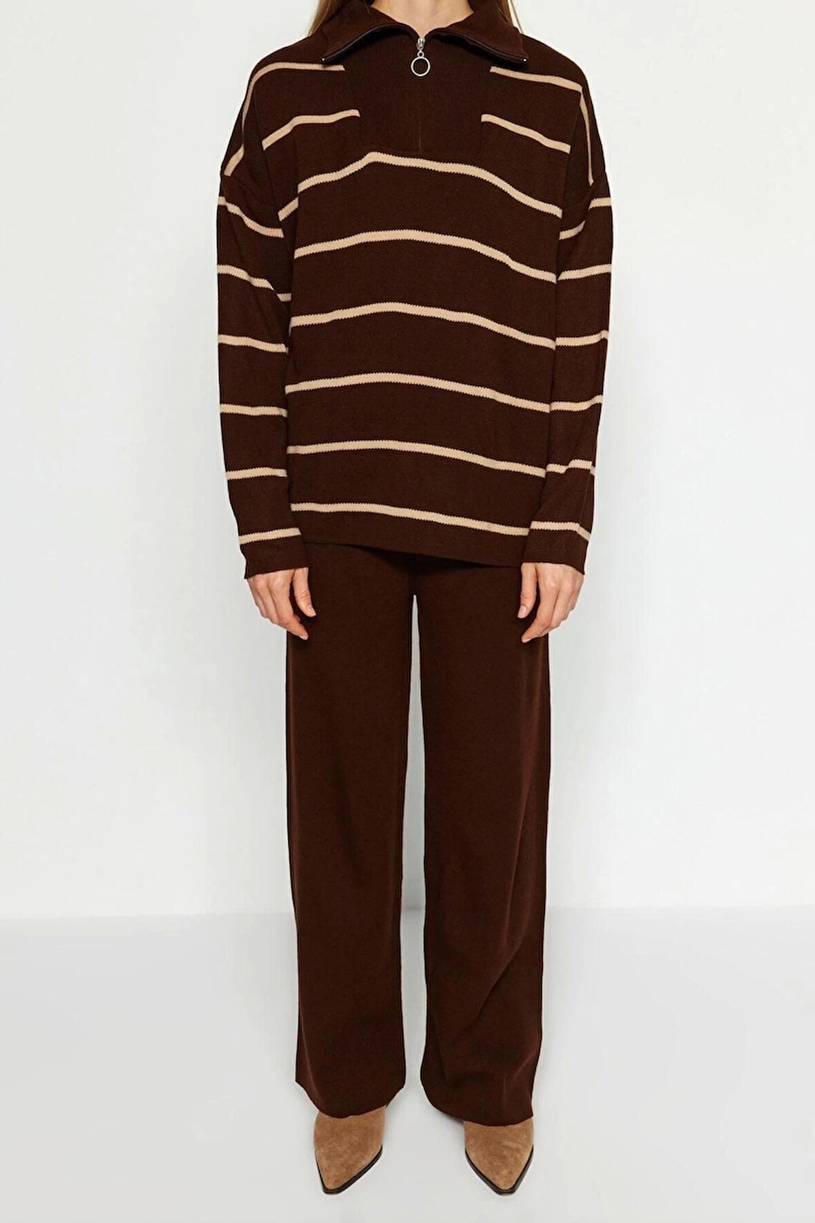 Moda Çizgili Dik Yaka Düşük Kol Casual Günlük Geniş Kalıp Fermuarlı Triko Alt-Üst Takım