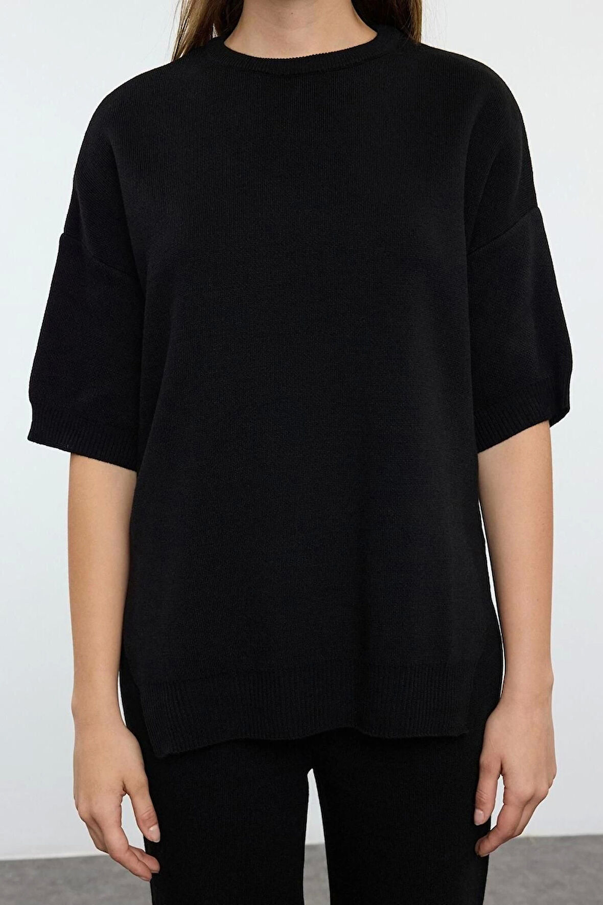 Tarz Kadın Modern Normal Bel Boru Paça Basic Kısa Kol T-Shirt Görünümlü Triko Alt-Üst Takım