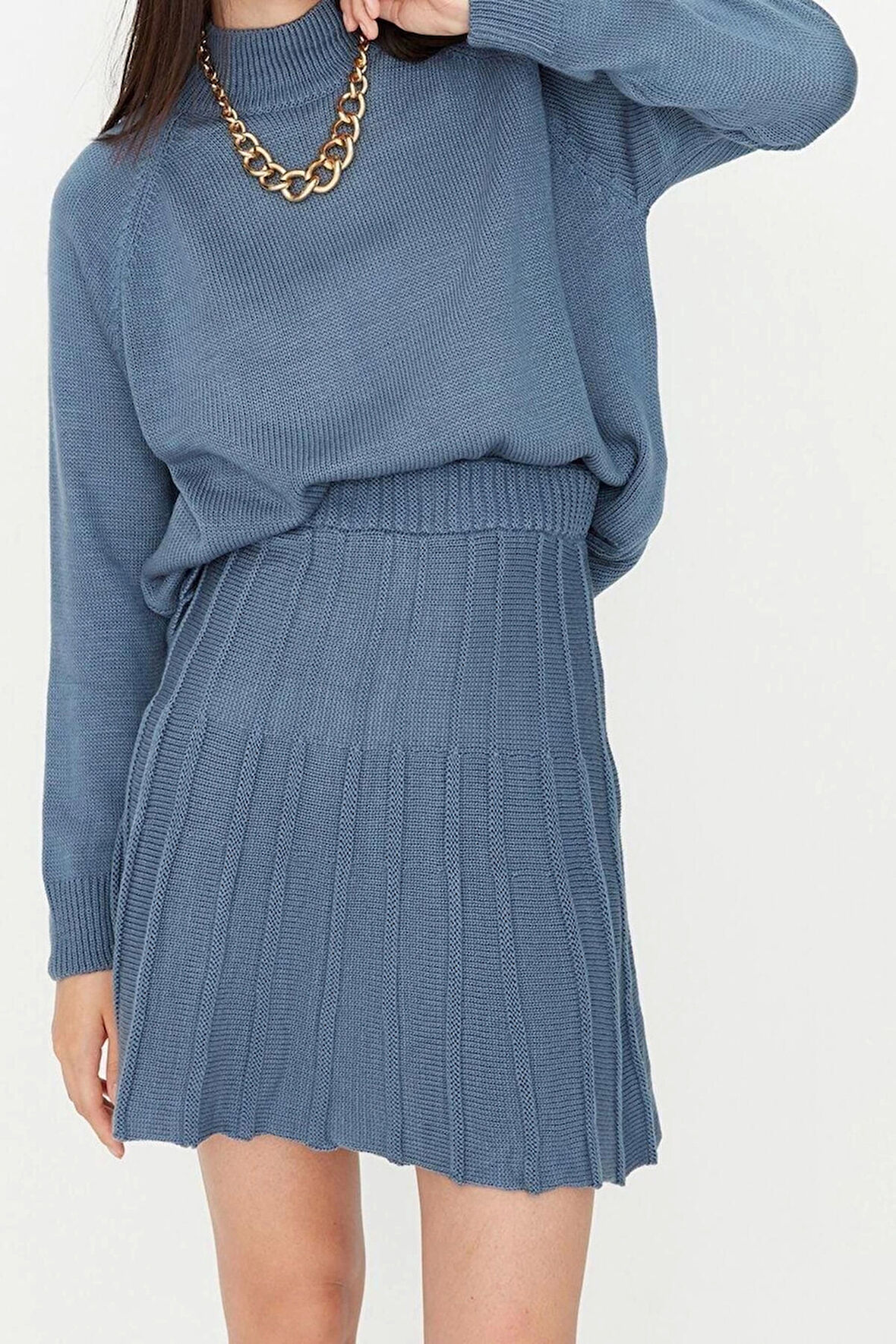 Moda Yüksek Bel Düz Dik Yaka Reglan Kol Casual Günlük Fırfır Detaylı Dik Yaka Triko Alt-Üst Takım