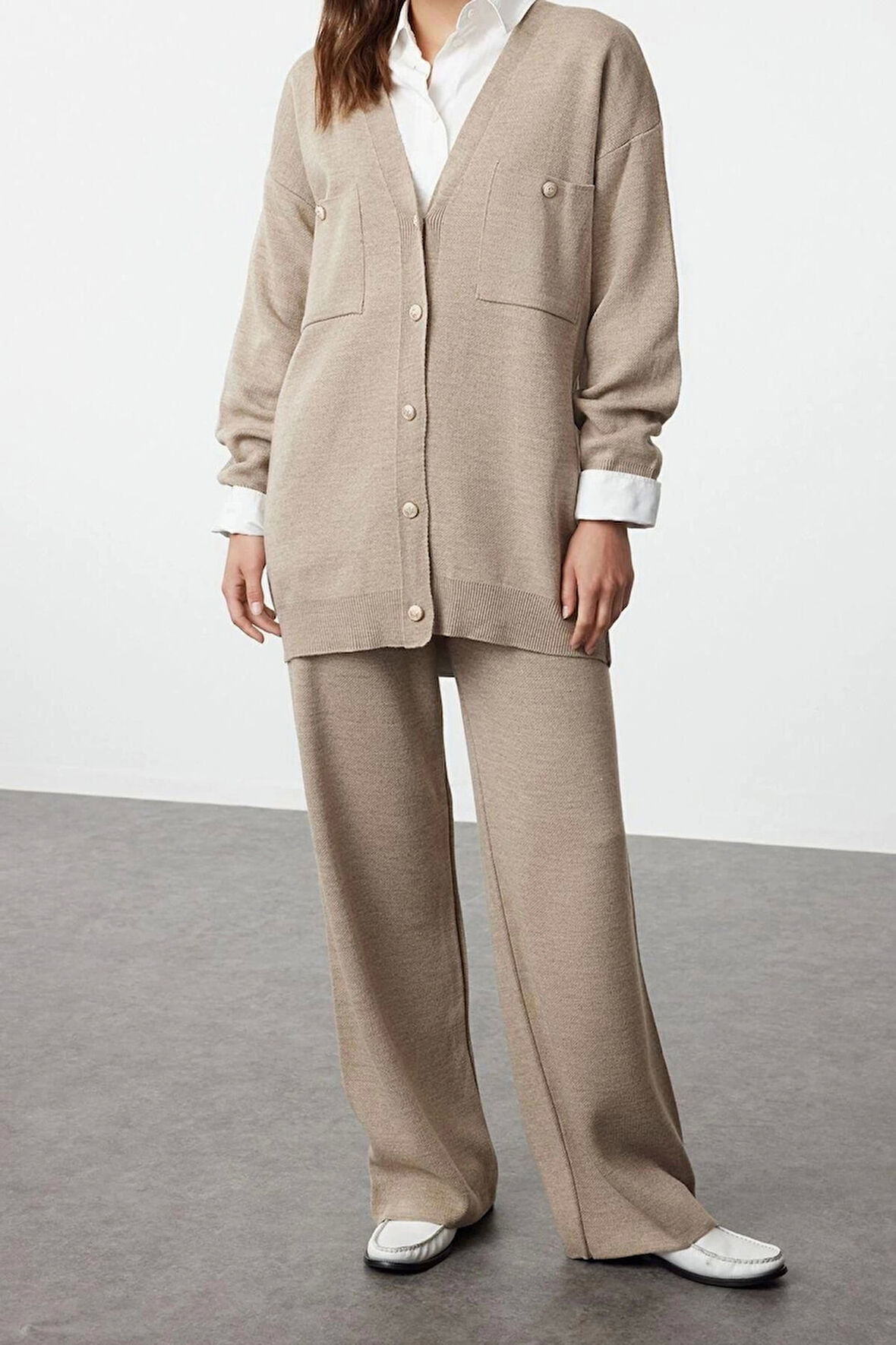 Moda Düz V Yaka Düşük Kol Casual Günlük Siyah Düğmeli Hırka-Pantolon Triko Alt-Üst Takım