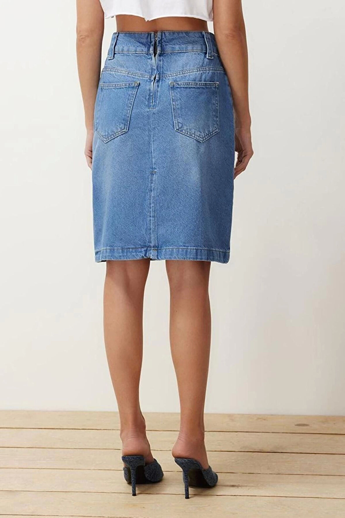 Moda Denim Düz Desen Günlük Midi Boy Yırtmaçlı Midi Denim Etek