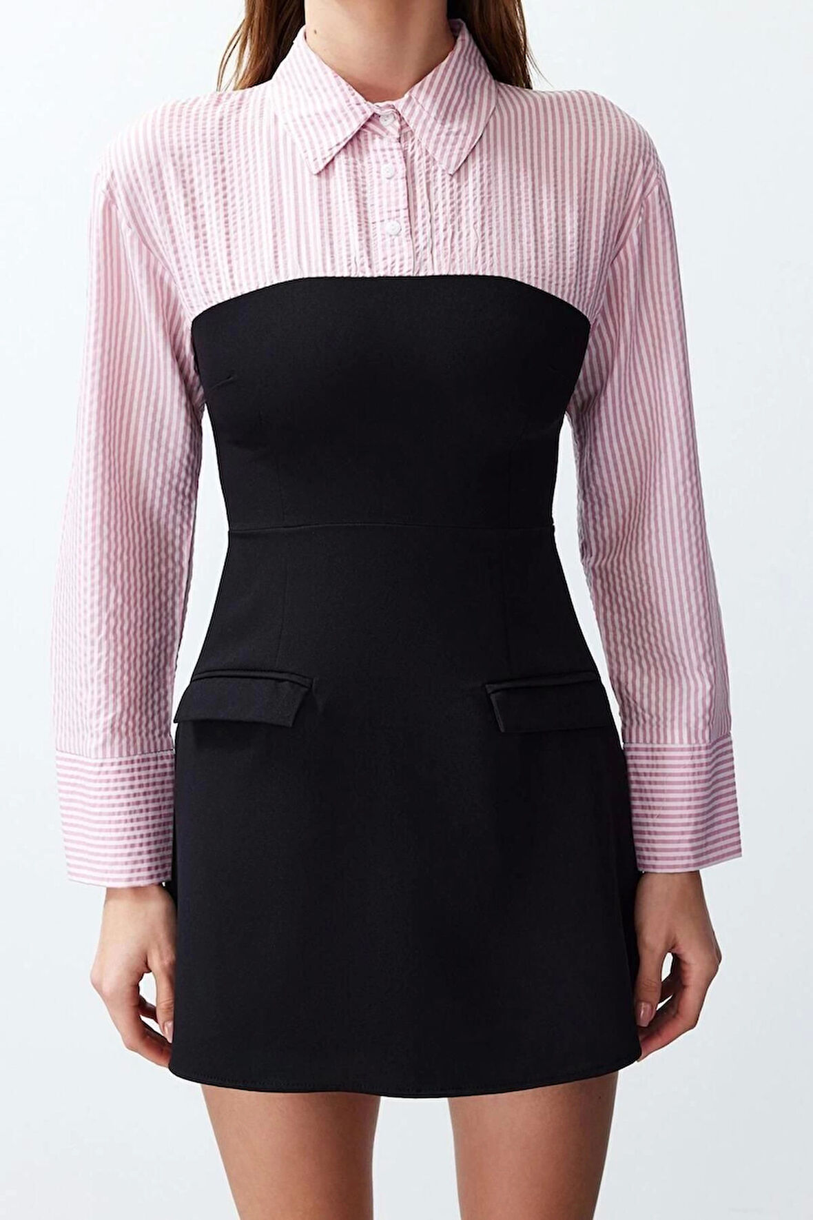 Moda Slim Gündüz Gece Finike Dokuma Gömlek Yaka Uzun Kol Bodycone Mini Boy Elbise