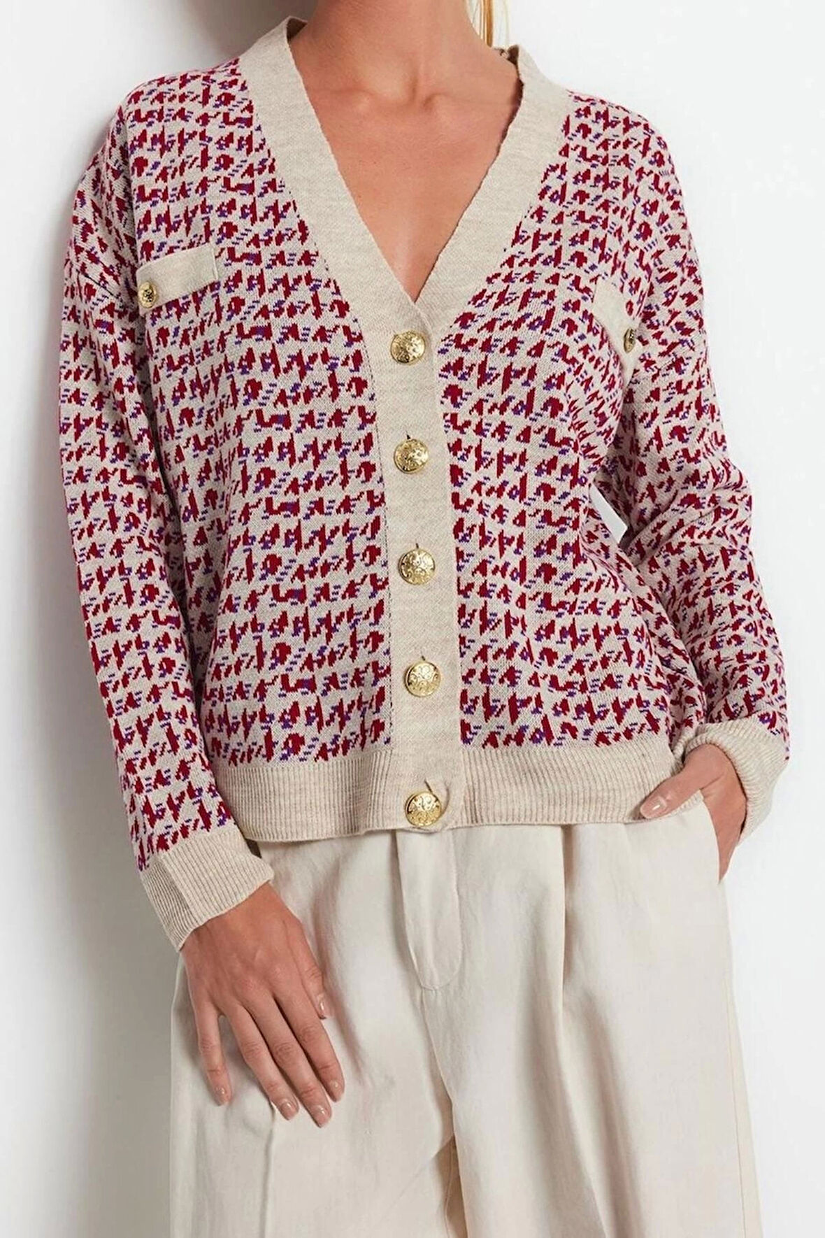Kadın Modern Tarz Oversize V Yaka Regular Triko Hırka