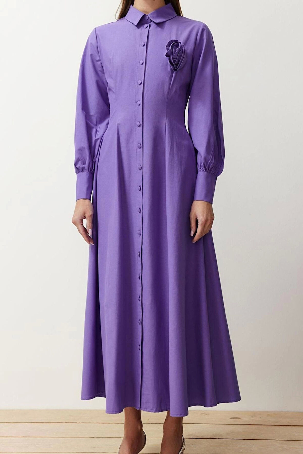 Moda Regular Casual Günlük Poplin Dokuma Gömlek Yaka Uzun Kol A-Line Maxi Boy Tesettür Elbise