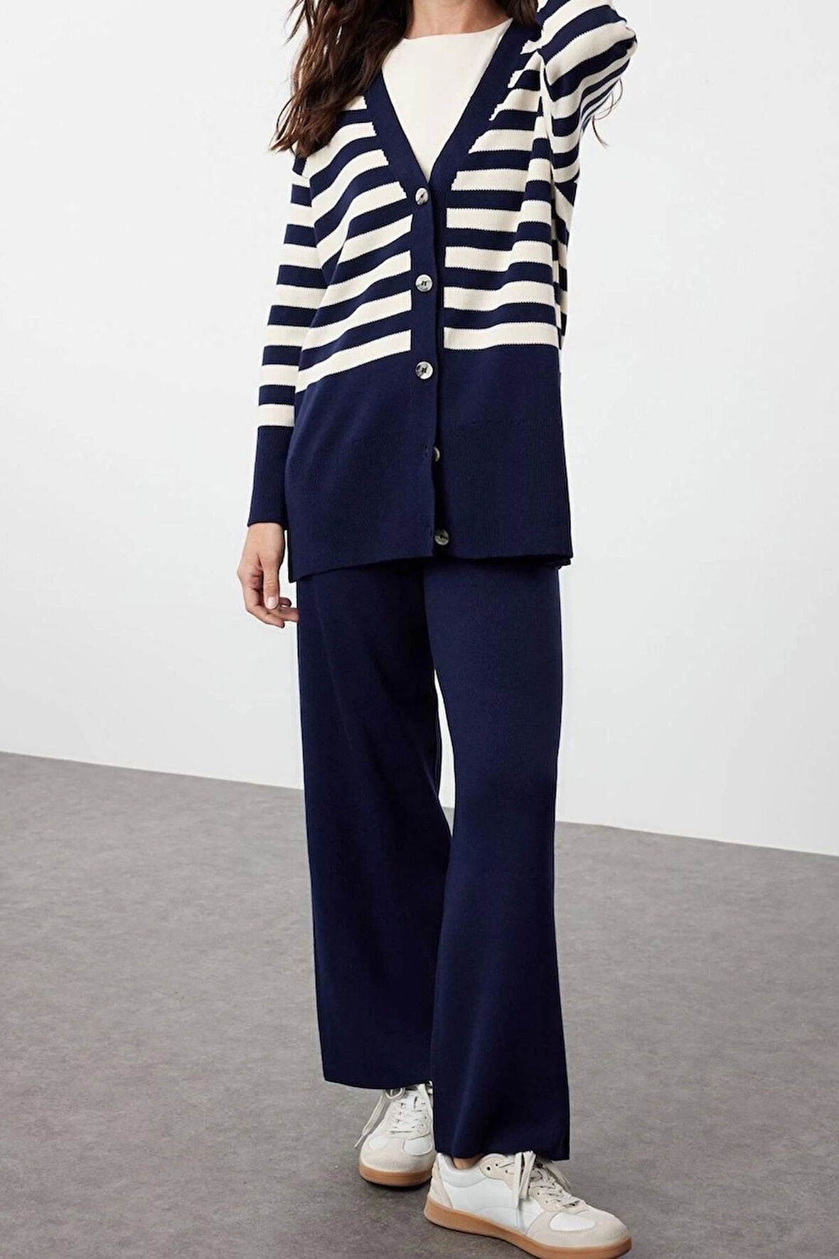 Moda Triko Çizgili V Yaka Düşük Kol Casual Günlük Hırka Pantolon Triko Alt-Üst Takım