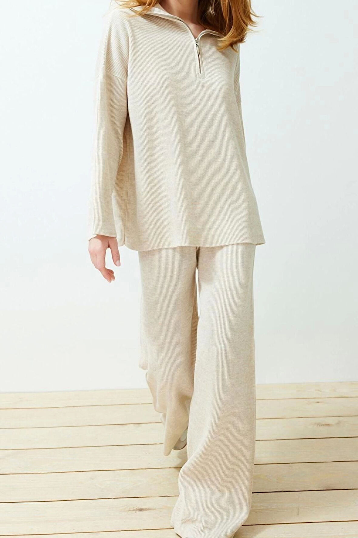 Moda Düz Dik Yaka Casual Günlük Ekru Rahat Kesim Dik Yaka Basic Triko Alt-Üst Takım