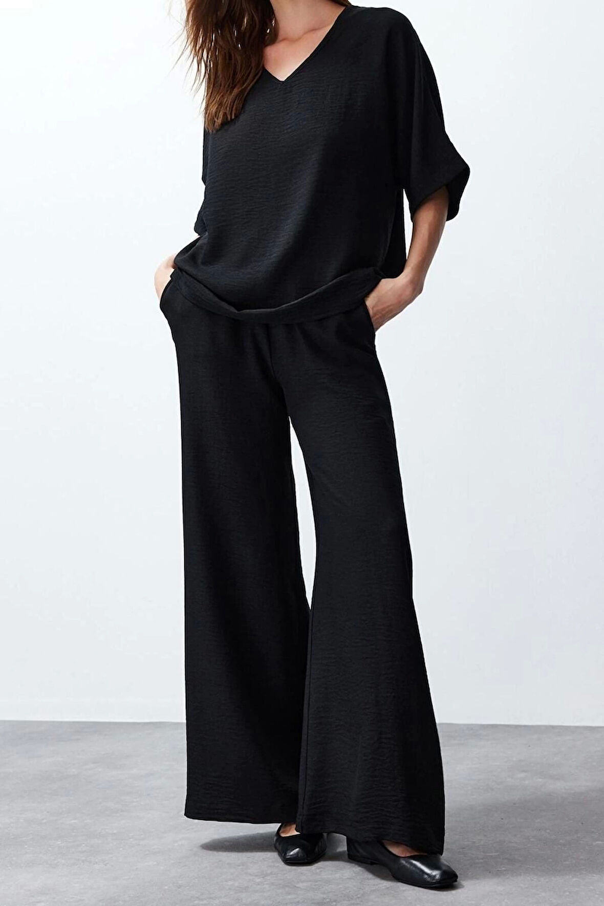 Moda Dokuma Dokulu V Yaka Casual Günlük V Yaka Bluz Pantolon Dokuma Alt-Üst Takım