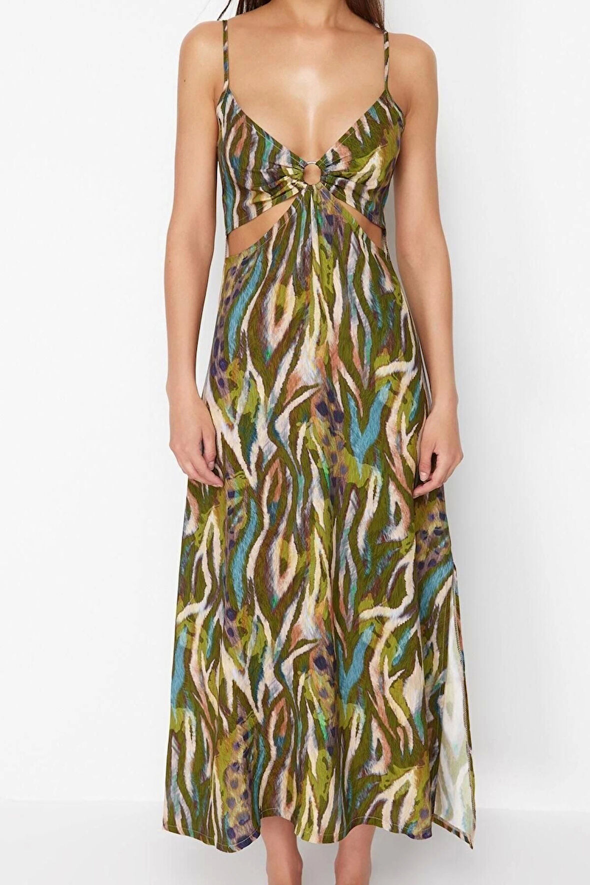 Moda Fit Mezuniyet Balo Saten Dokuma Kare Yaka Askılı Kol Shift Midi Boy Elbise