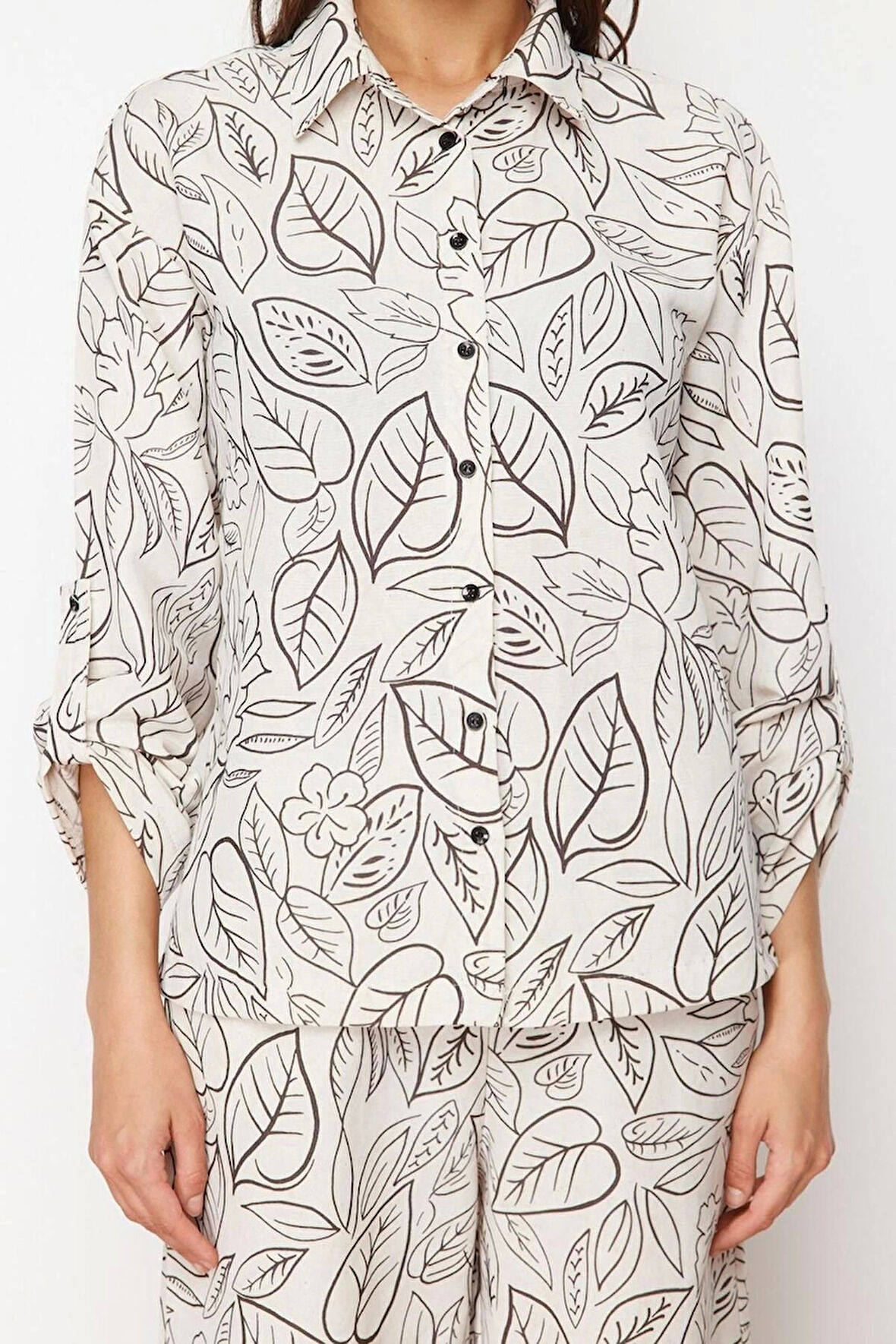 Moda Dokuma Baskılı Gömlek Yaka Plaj Dokuma Keten Görünümlü Gömlek Pantolon Takım