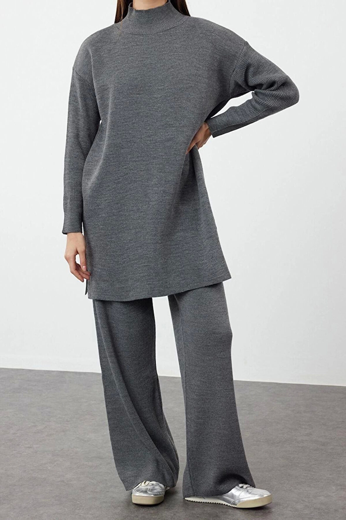 Moda Düz Balıkçı Yaka Düşük Kol Casual Günlük Yırtmaçlı Geniş Paça Triko Alt-Üst Takım