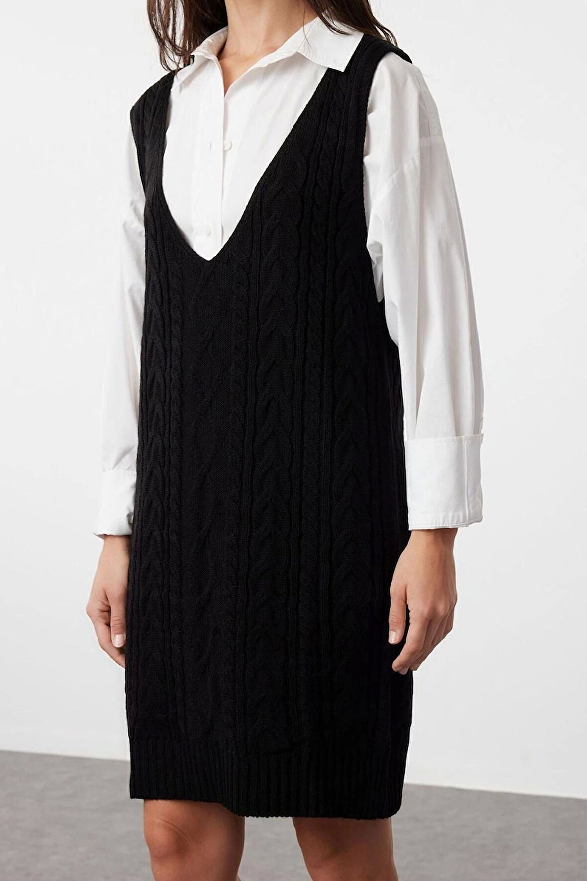 Moda Regular Casual Günlük Çift Plaka Triko V Yaka Askılı Kol Jile Mini Boy Elbise