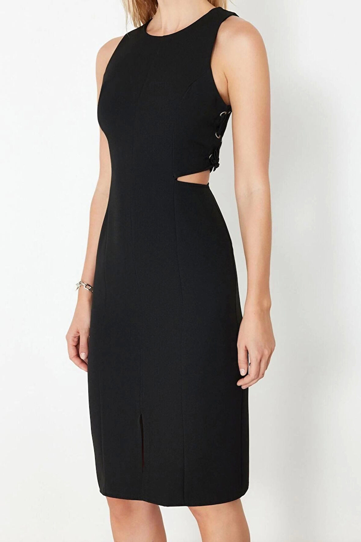 Moda Regular Gündüz Gece Finike Dokuma Bisiklet Yaka Kolsuz Kol Bodycone Midi Boy Elbise
