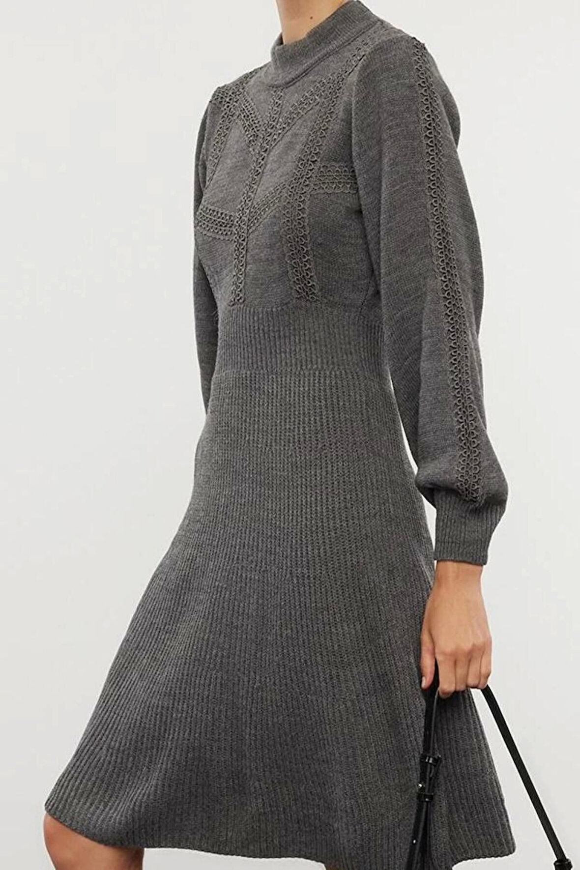 Moda Stil Regular Dik Yaka Mini Boy Triko Dantelli Elbise