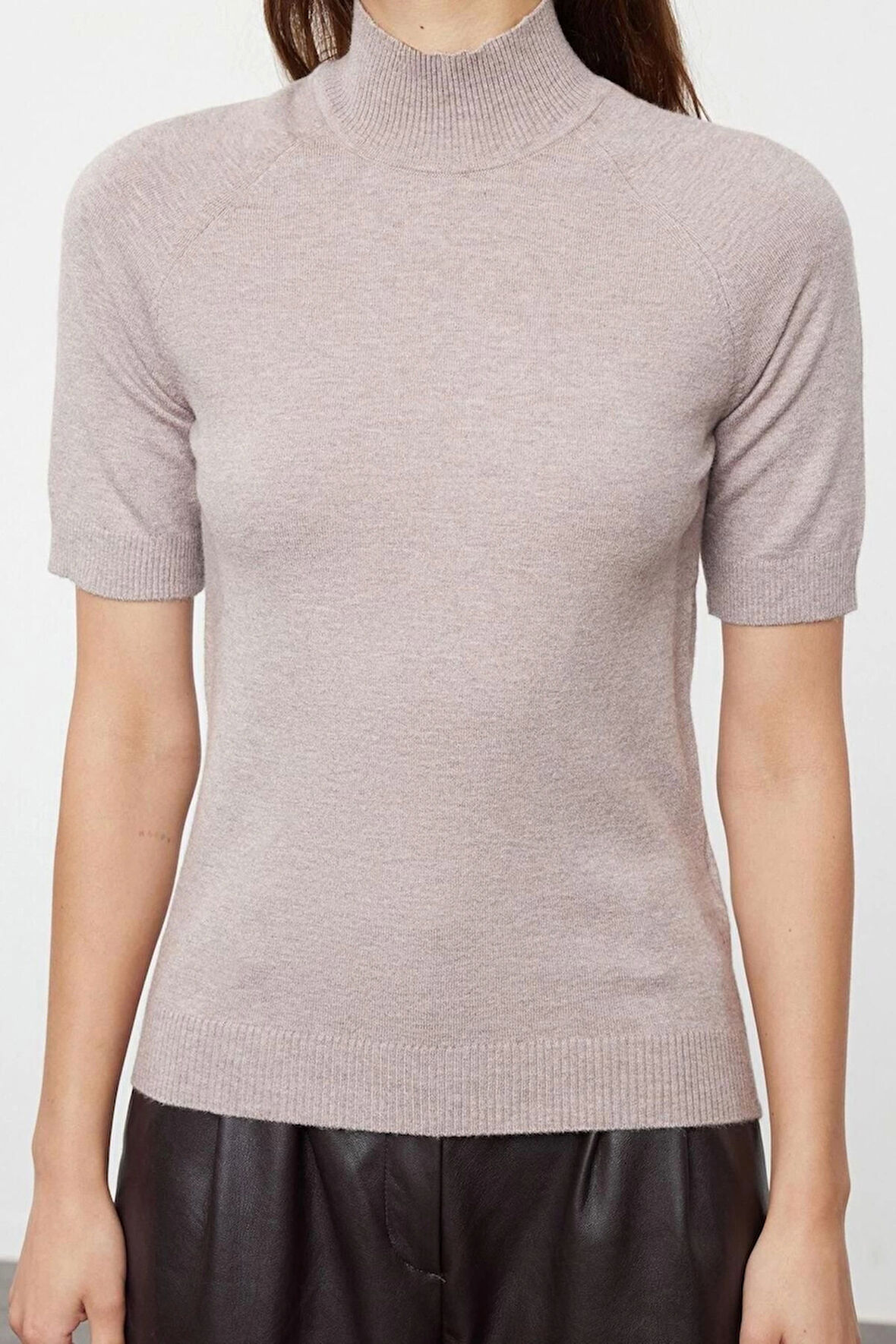 Moda Dik Yaka Triko Slim Düz Desen Casual Günlük Regular Kısa Kol Bluz