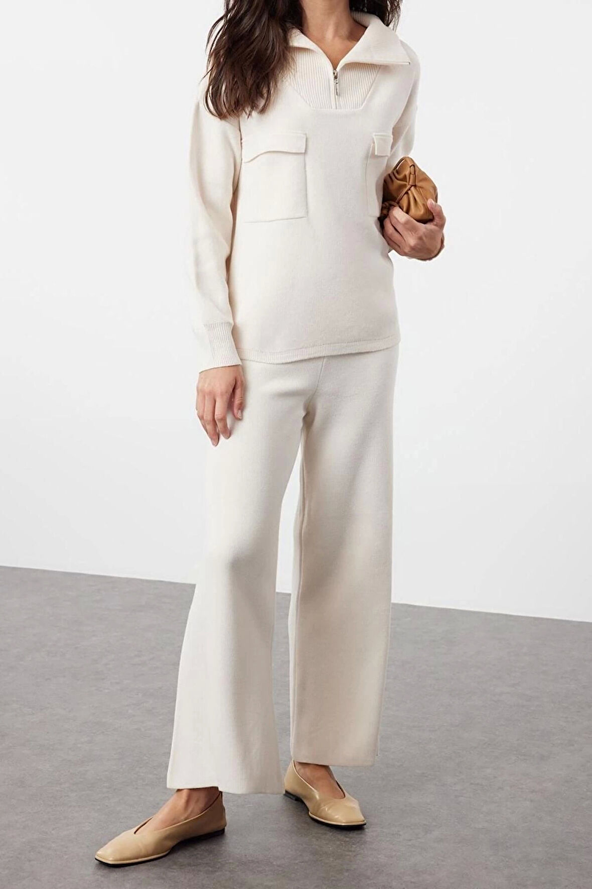 Moda Triko Düz Dik Yaka Düşük Kol Casual Günlük Geniş Kalıp Fermuarlı ve Cepli Triko Alt-Üst Takım