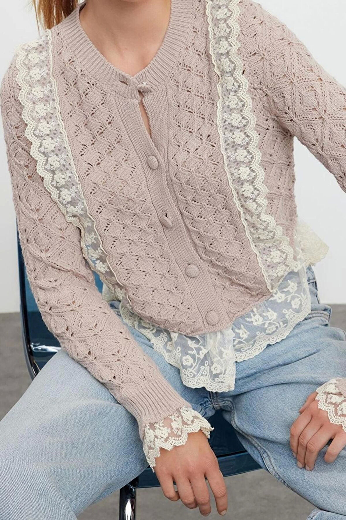 Kadın Modern Tarz Regular Bisiklet Yaka Crop Triko Hırka