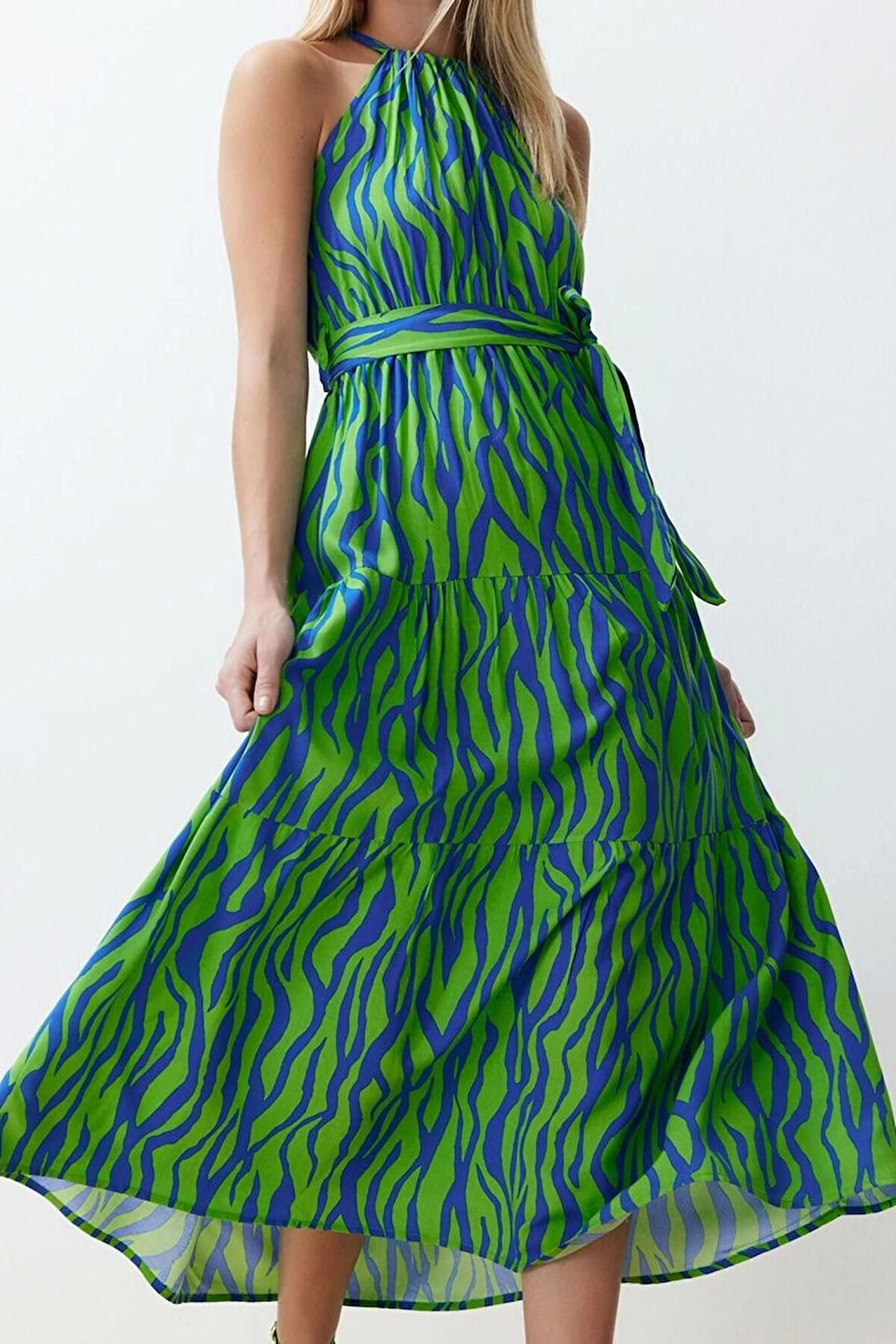 Moda Stil Regular Halter Yaka Maxi Boy Shift Boyundan Bağlamalı Astarlı Dokuma Elbise