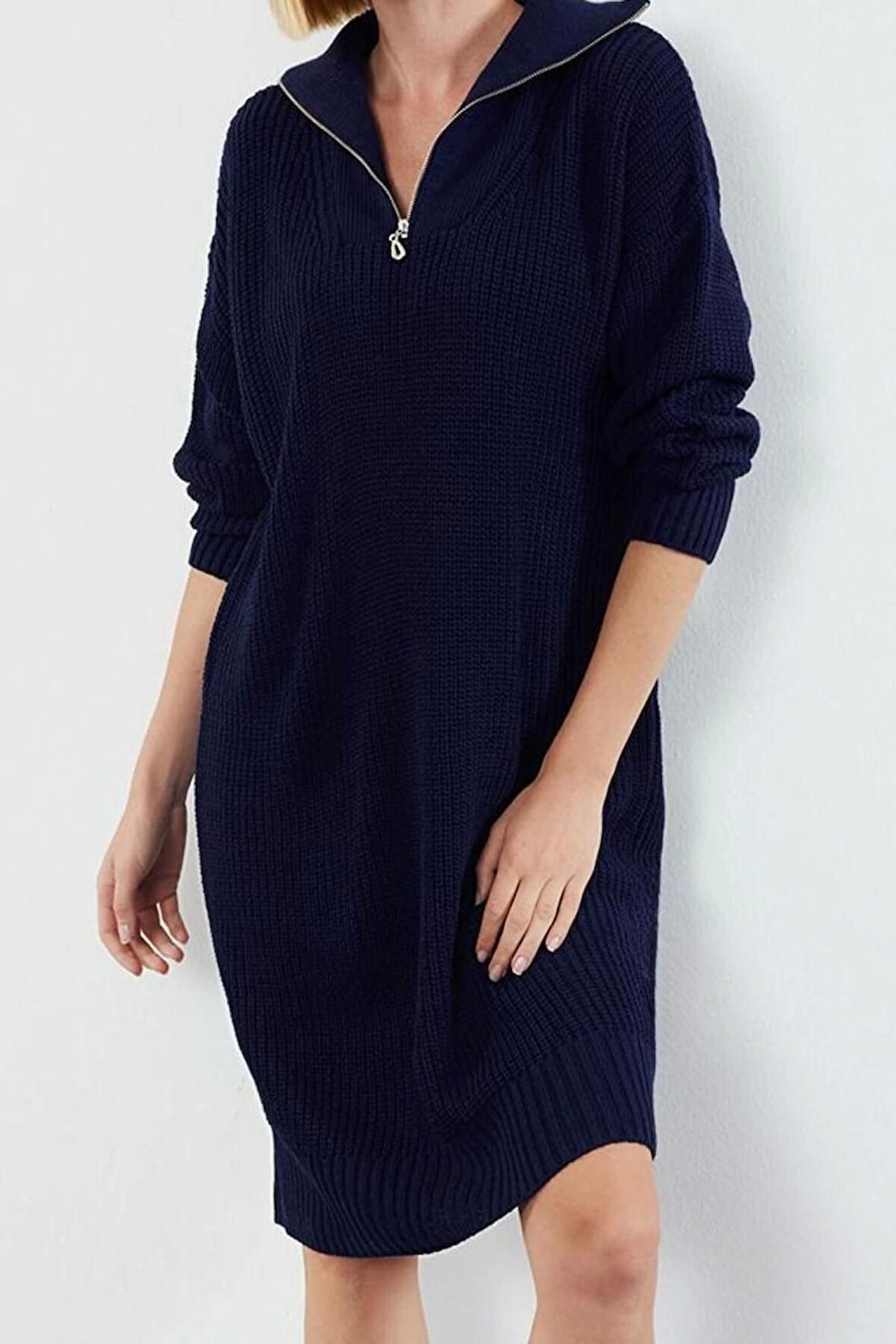 Moda Stil Regular Dik Yaka Mini Boy Triko Fermuarlı Elbise