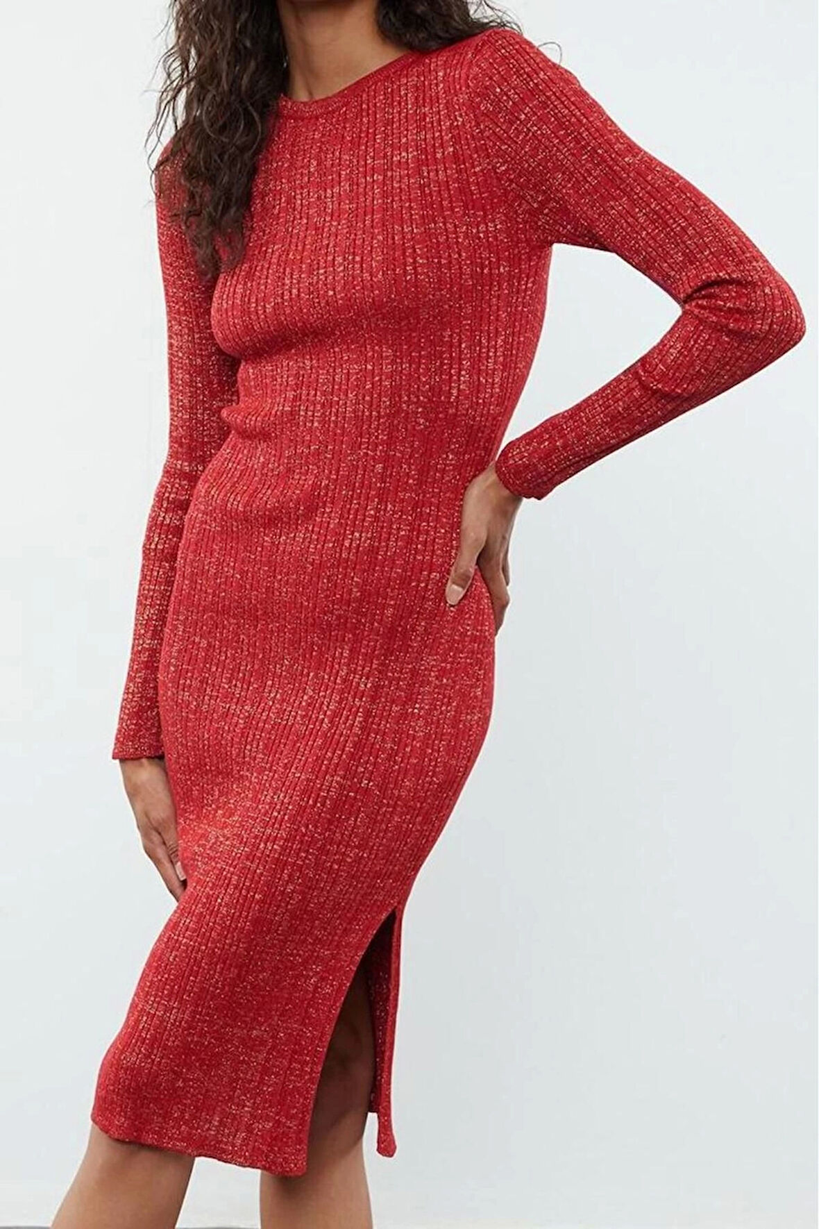 Moda Stil Slim Bisiklet Yaka Midi Boy Simli Triko Elbise