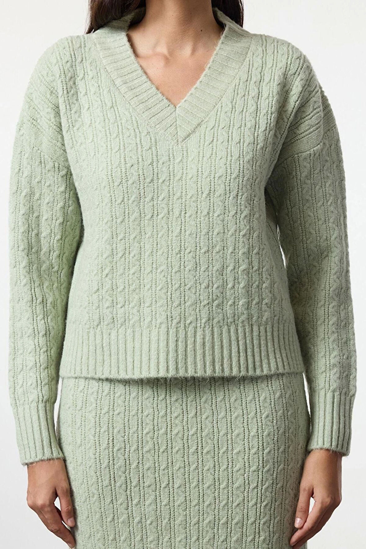 Tarz Kadın Modern Moda Normal Bel Boru Paça V Yaka Yünlü Saç Örgü Triko Alt-Üst Takım