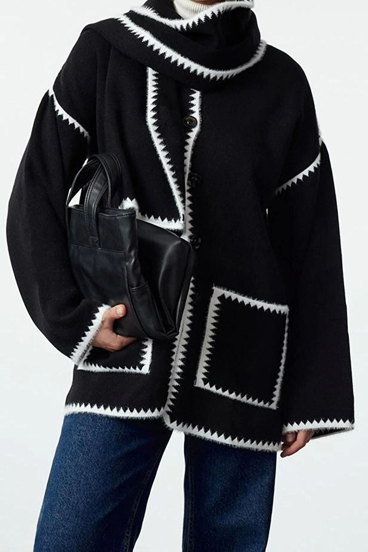 Kadın Modern Tarz Oversize Bisiklet Yaka Midi Triko Hırka