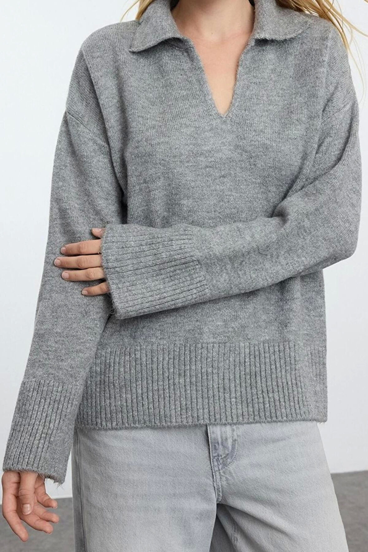 Stil Modern Kadın Regular Düşük Kol Polo Yaka Yünlü Geniş Kalıp Basic Triko Kazak