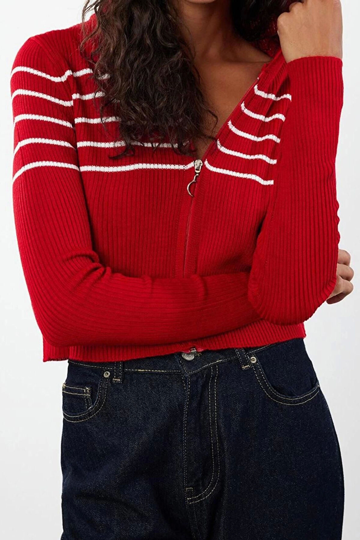 Kadın Modern Tarz Slim Kapüşonlu Crop Triko Hırka