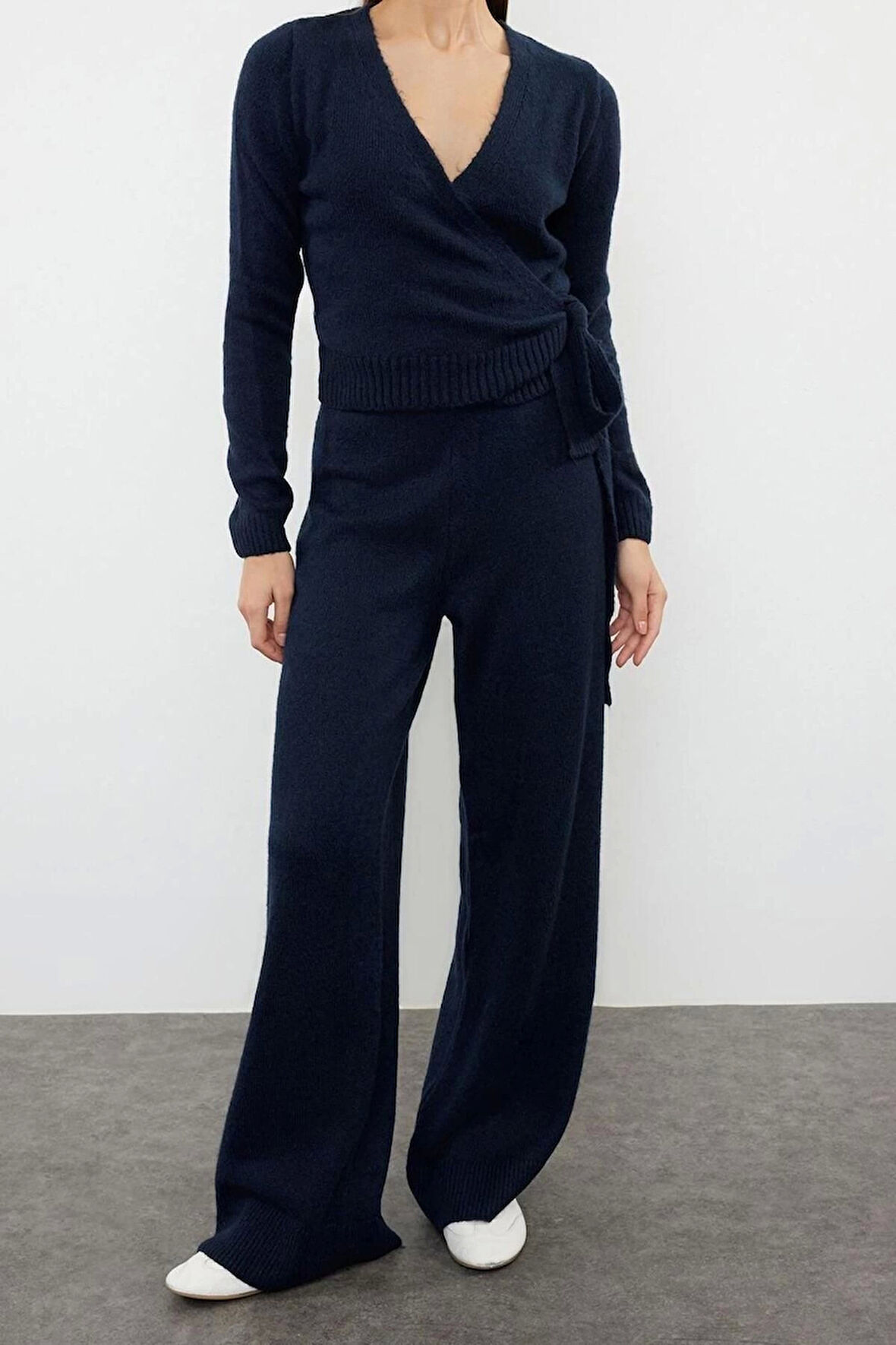 Moda Düz V Yaka Casual Günlük Lila Crop Kruvaze Bağlama Detaylı Triko Alt-Üst Takım