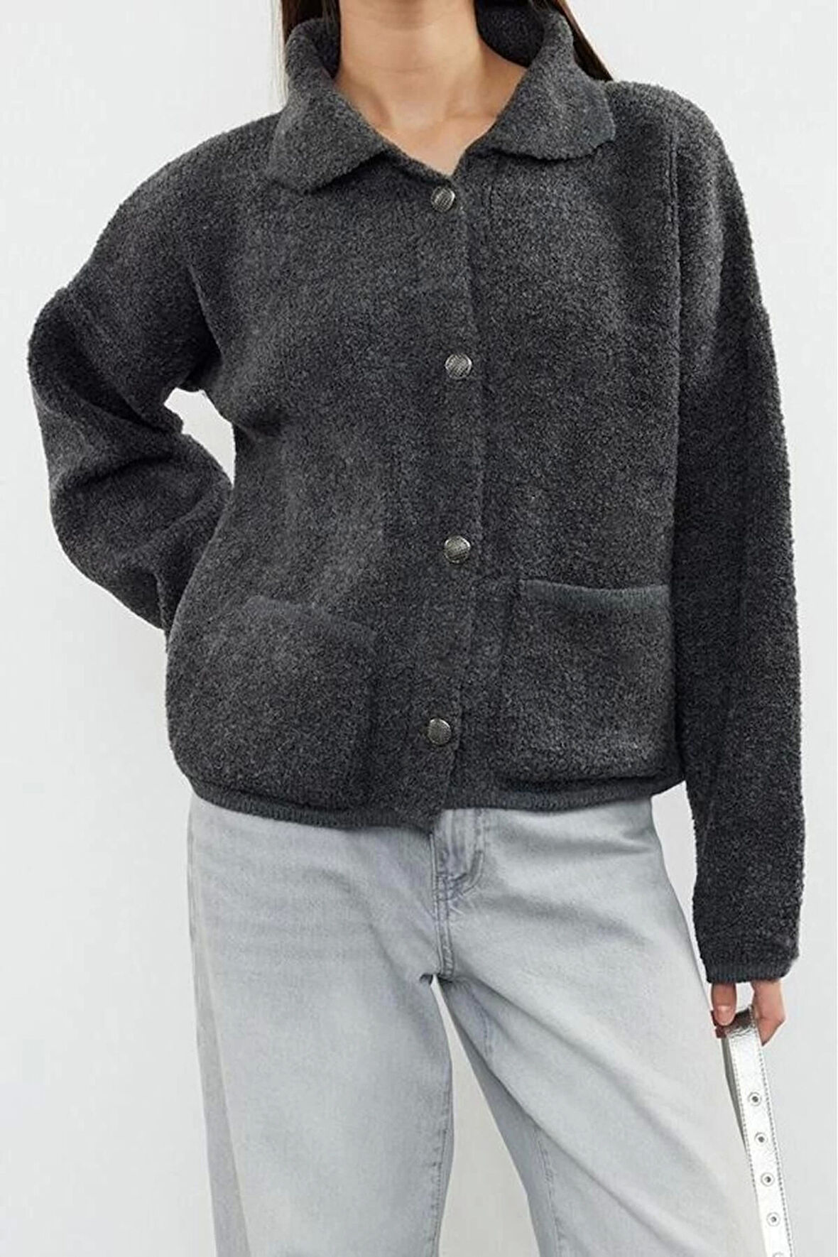 Kadın Modern Tarz Oversize Polo Yaka Regular Triko Hırka