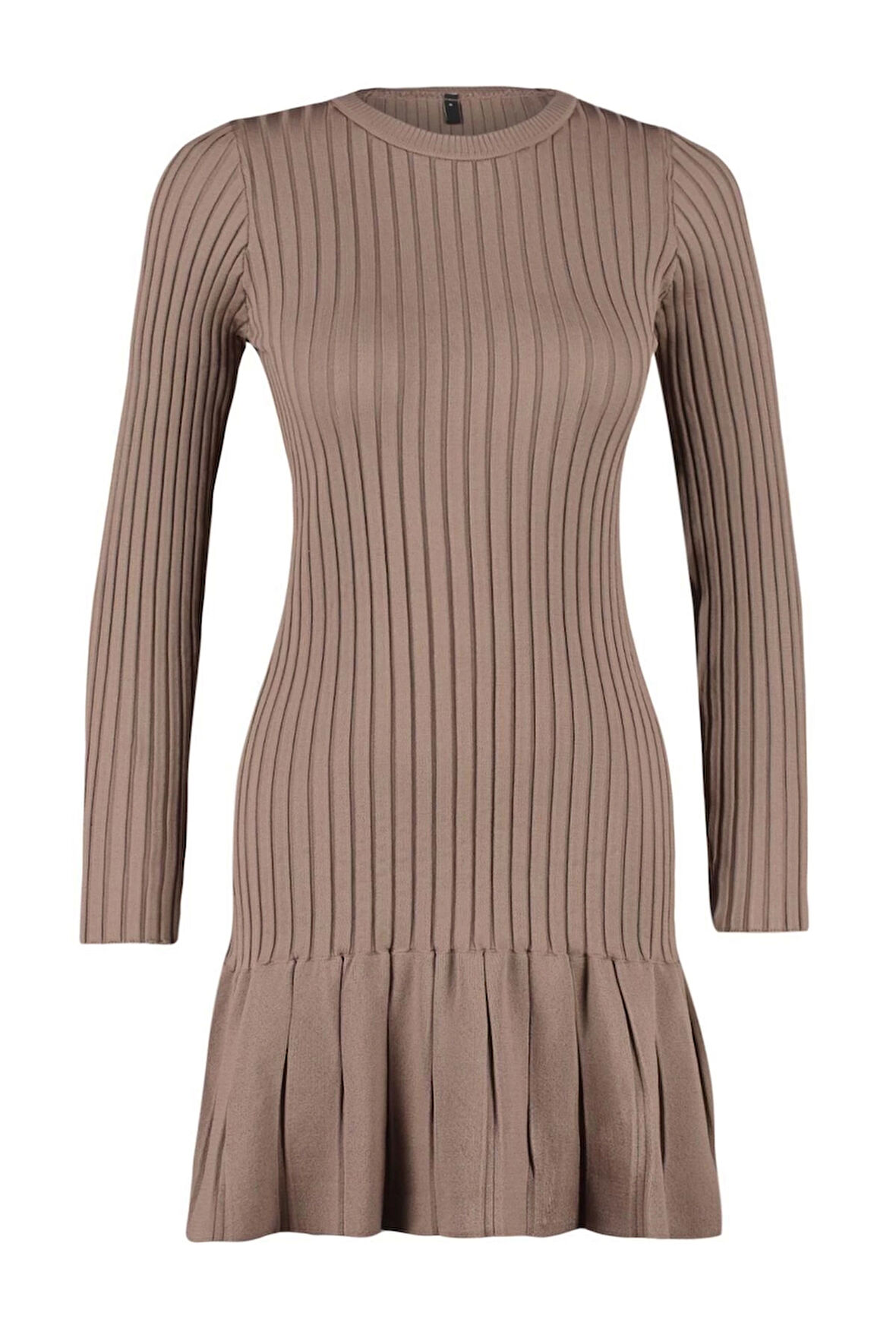 Moda Slim Gündüz Gece Dolu İğne Triko Bisiklet Yaka Uzun Kol A-Line Mini Boy Elbise