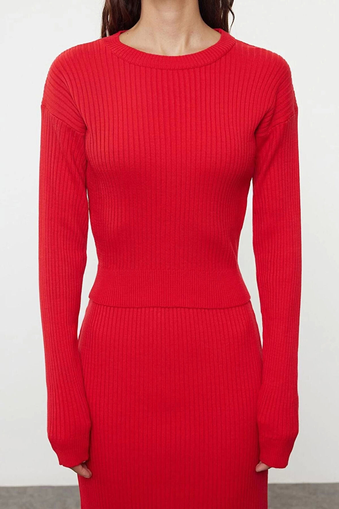 Tarz Kadın Modern Moda Normal Bel Geniş Paça Bisiklet Yaka Crop Triko Alt-Üst Takım