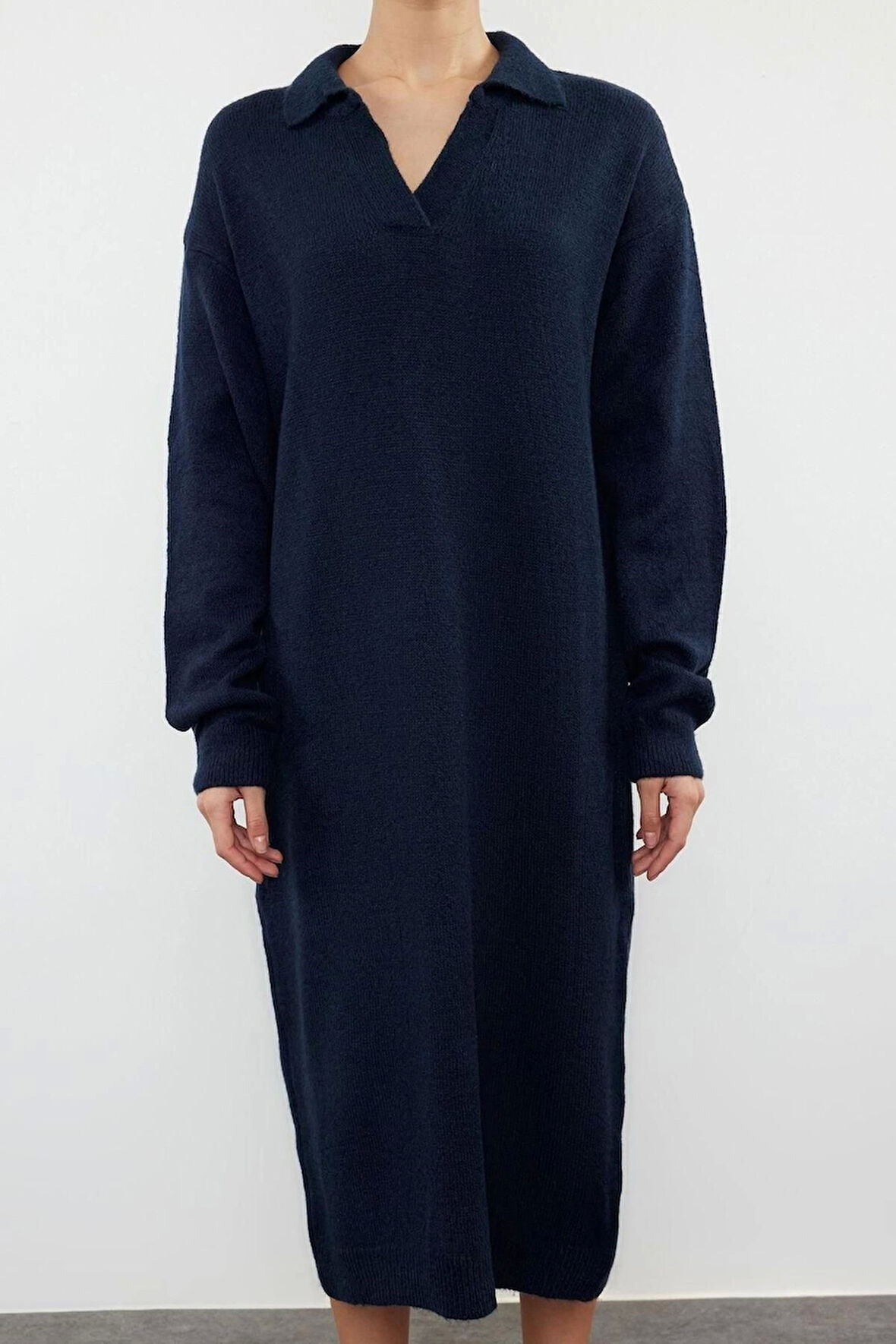 Moda Regular Casual Günlük Tek Plaka Triko Polo Yaka Uzun Kol Shift Midi Boy Elbise