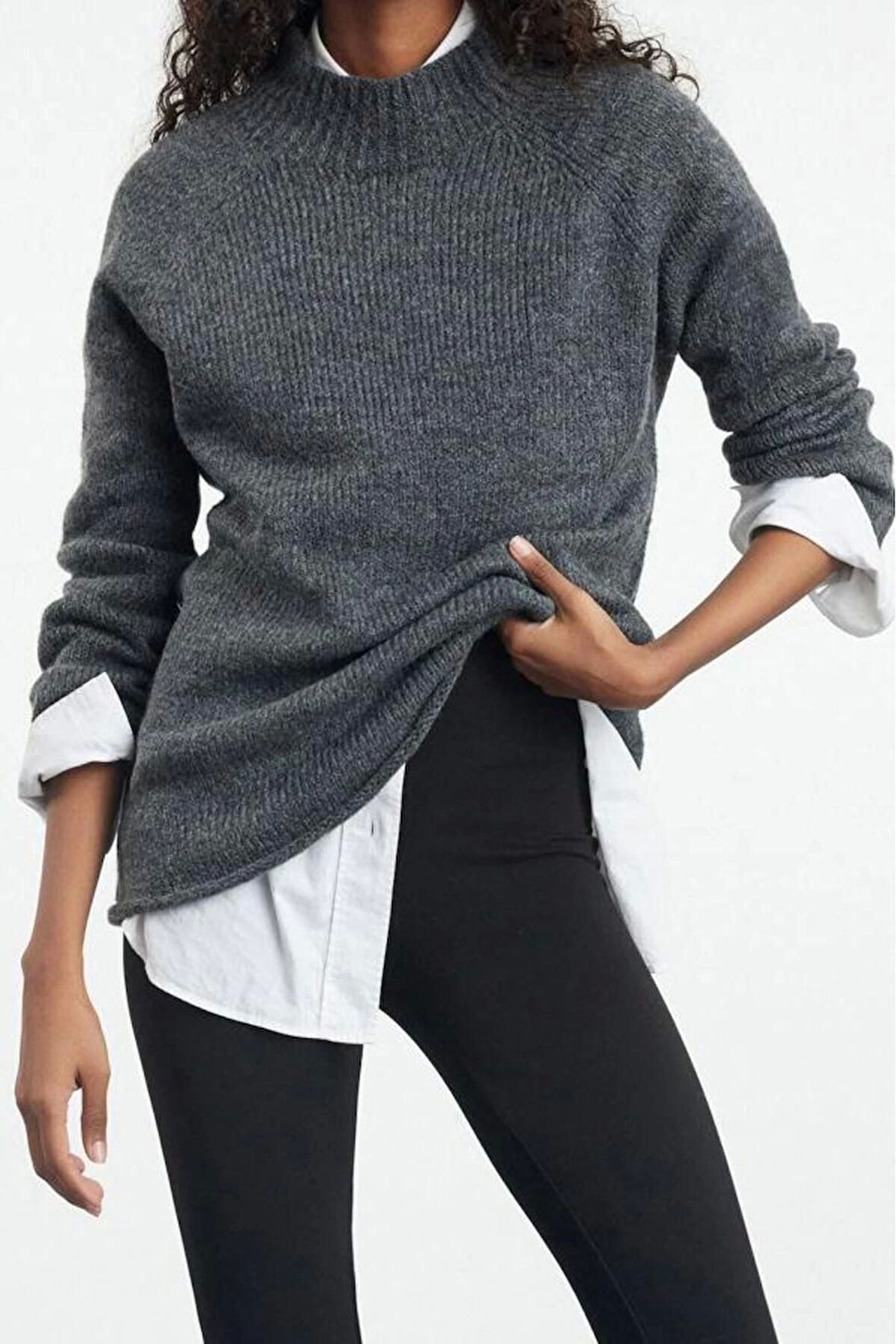 Stil Modern Kadın Uzun Reglan Kol Dik Yaka Yumuşak Dokulu Dikişsiz Triko Kazak